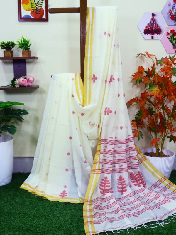 Off White Handloom Khadi Cotton Dhakai Jamdani Saree