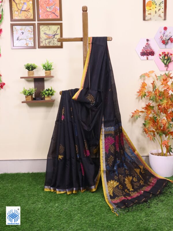 Black Katan Silk Jamdani Saree with Blouse Piece