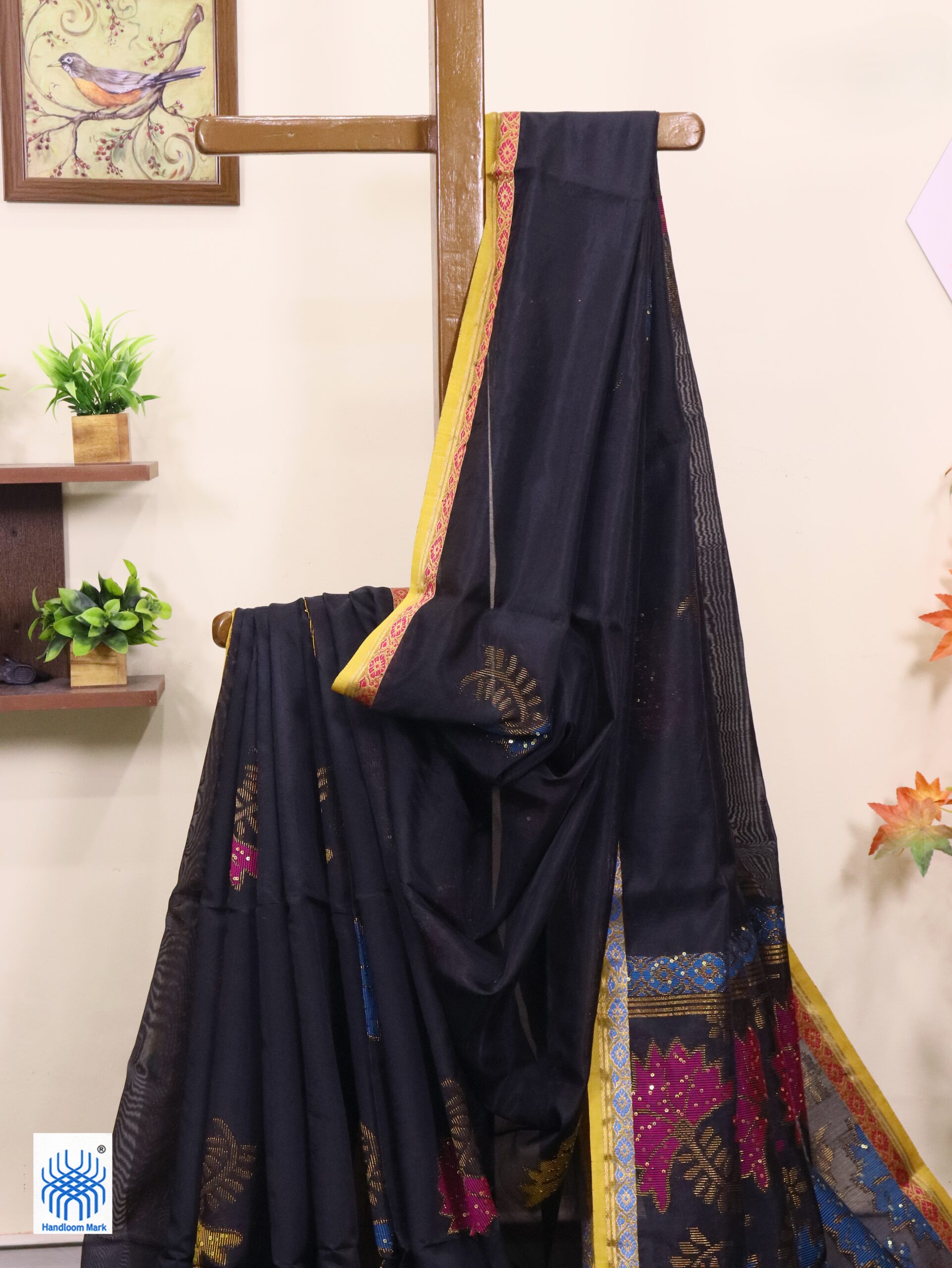 Black Katan Silk Jamdani Saree with Blouse Piece - Image 2