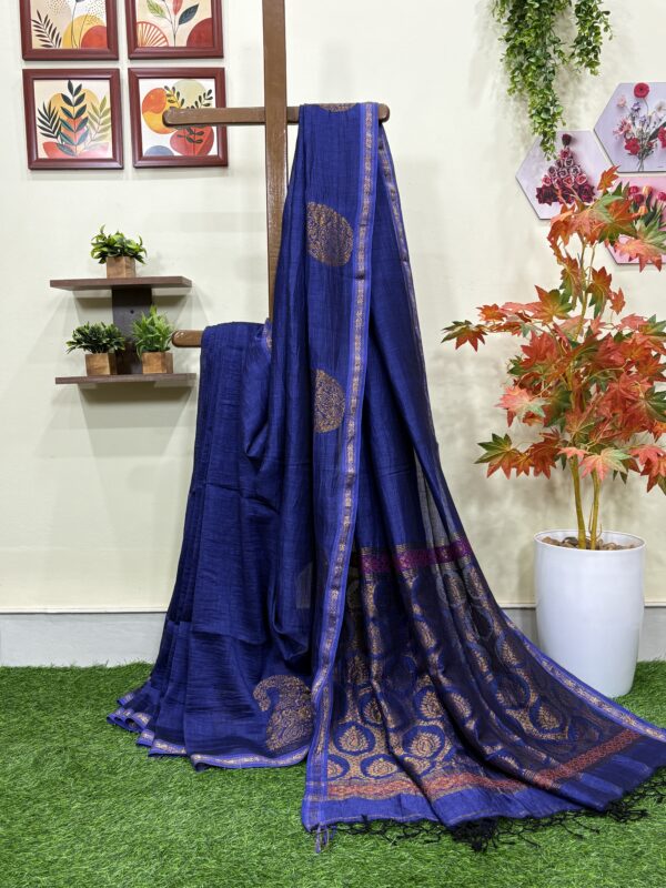 Navy Blue Paisley Buta Organic Linen Jamdani Saree with Designer Blouse Piece