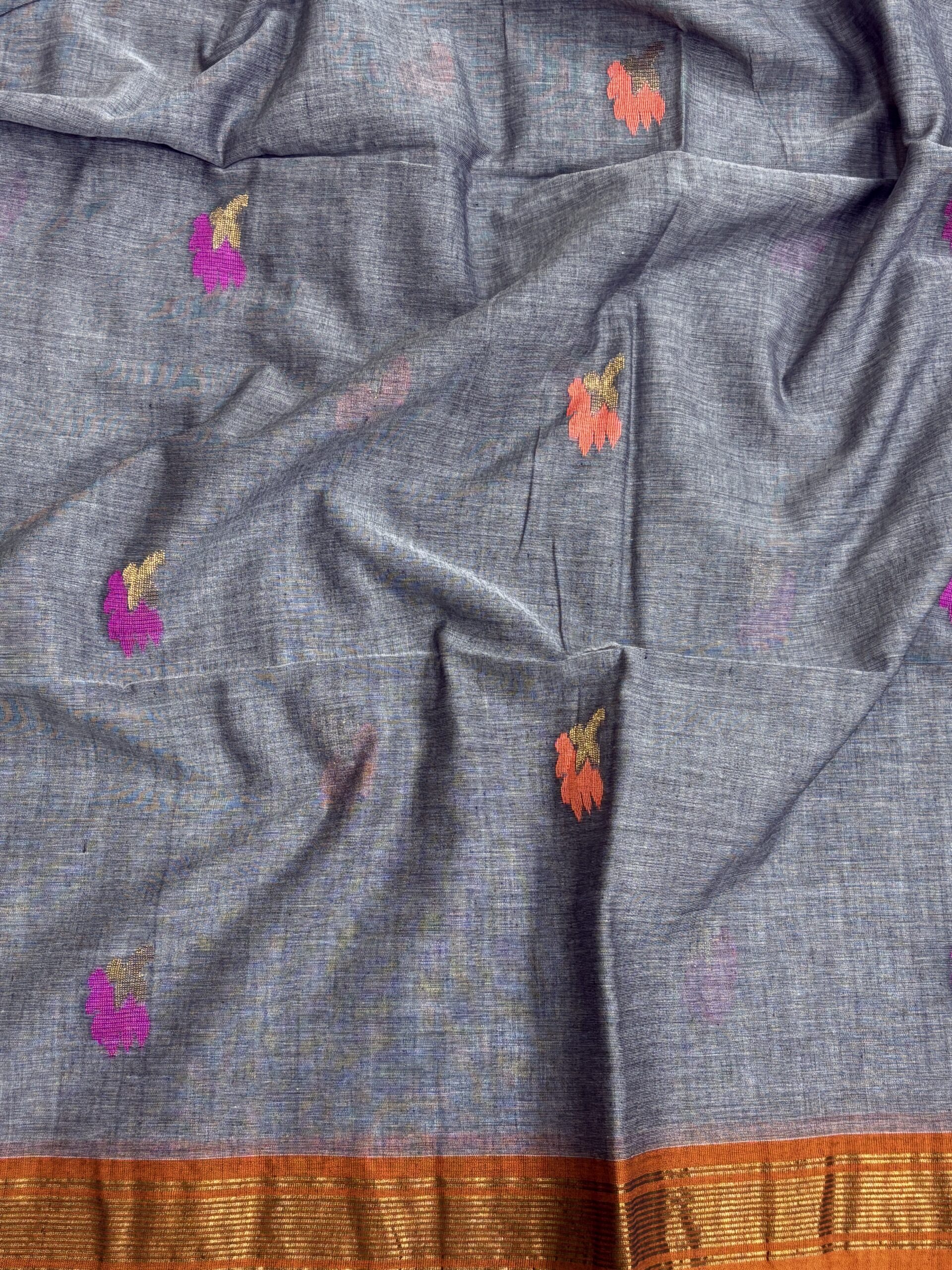 Slate Grey Handloom Premium Cotton Jamdani Saree - Image 3