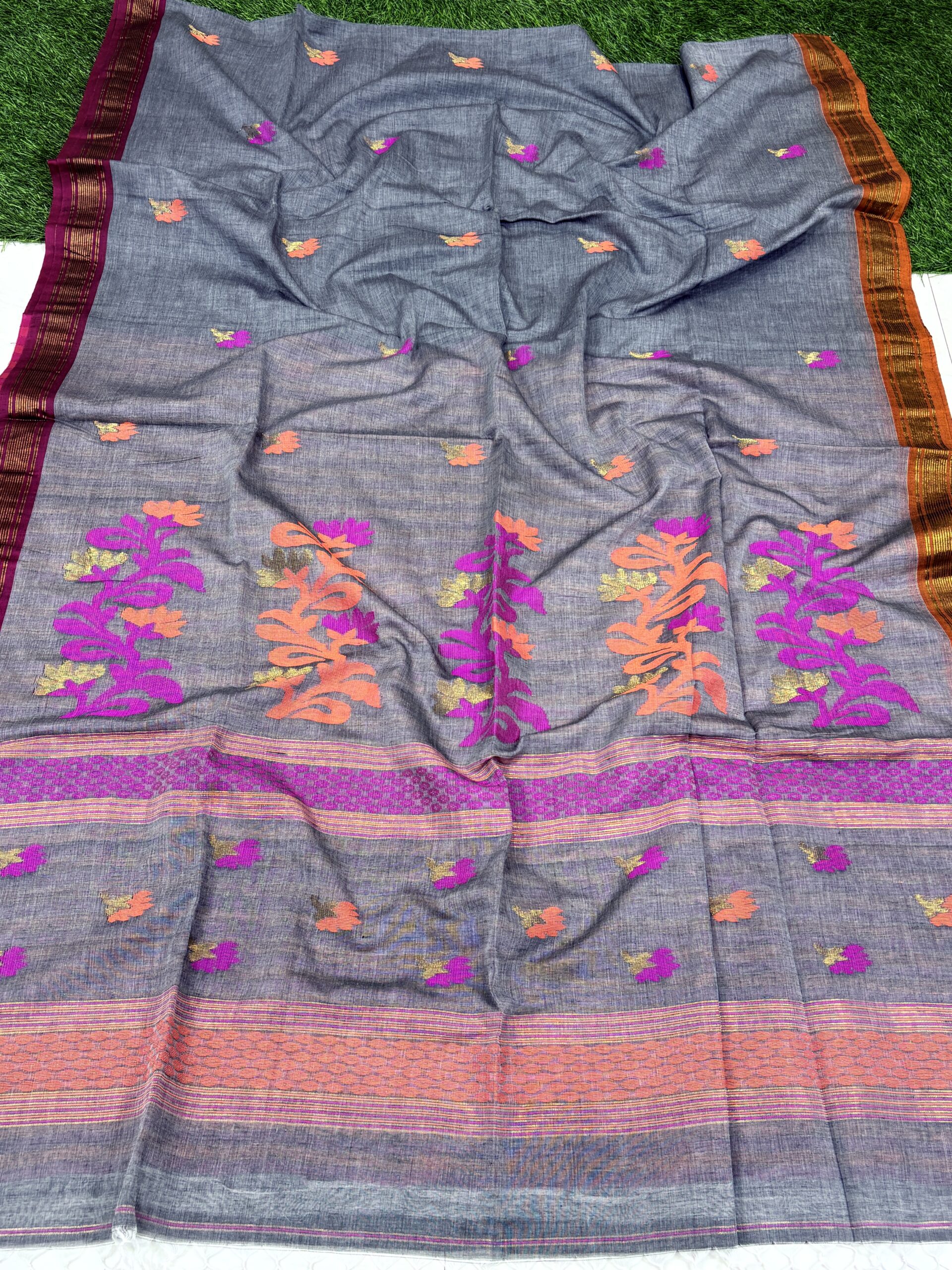 Slate Grey Handloom Premium Cotton Jamdani Saree - Image 6