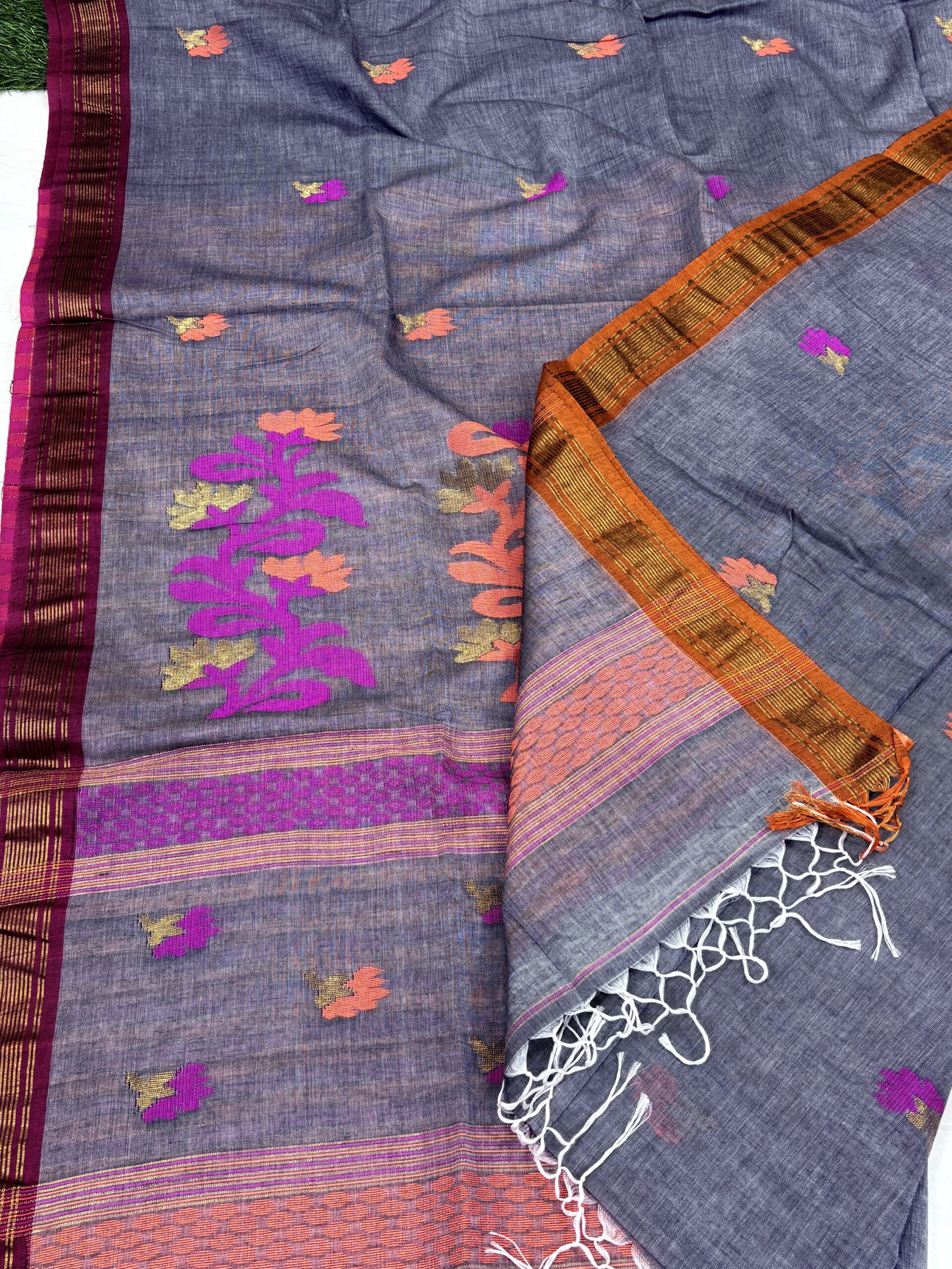 Slate Grey Handloom Premium Cotton Jamdani Saree - Image 7