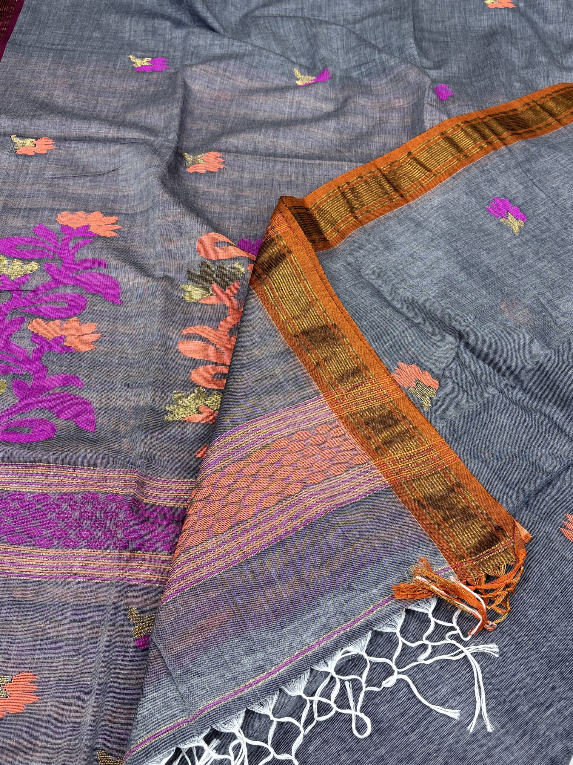 Slate Grey Handloom Premium Cotton Jamdani Saree - Image 8