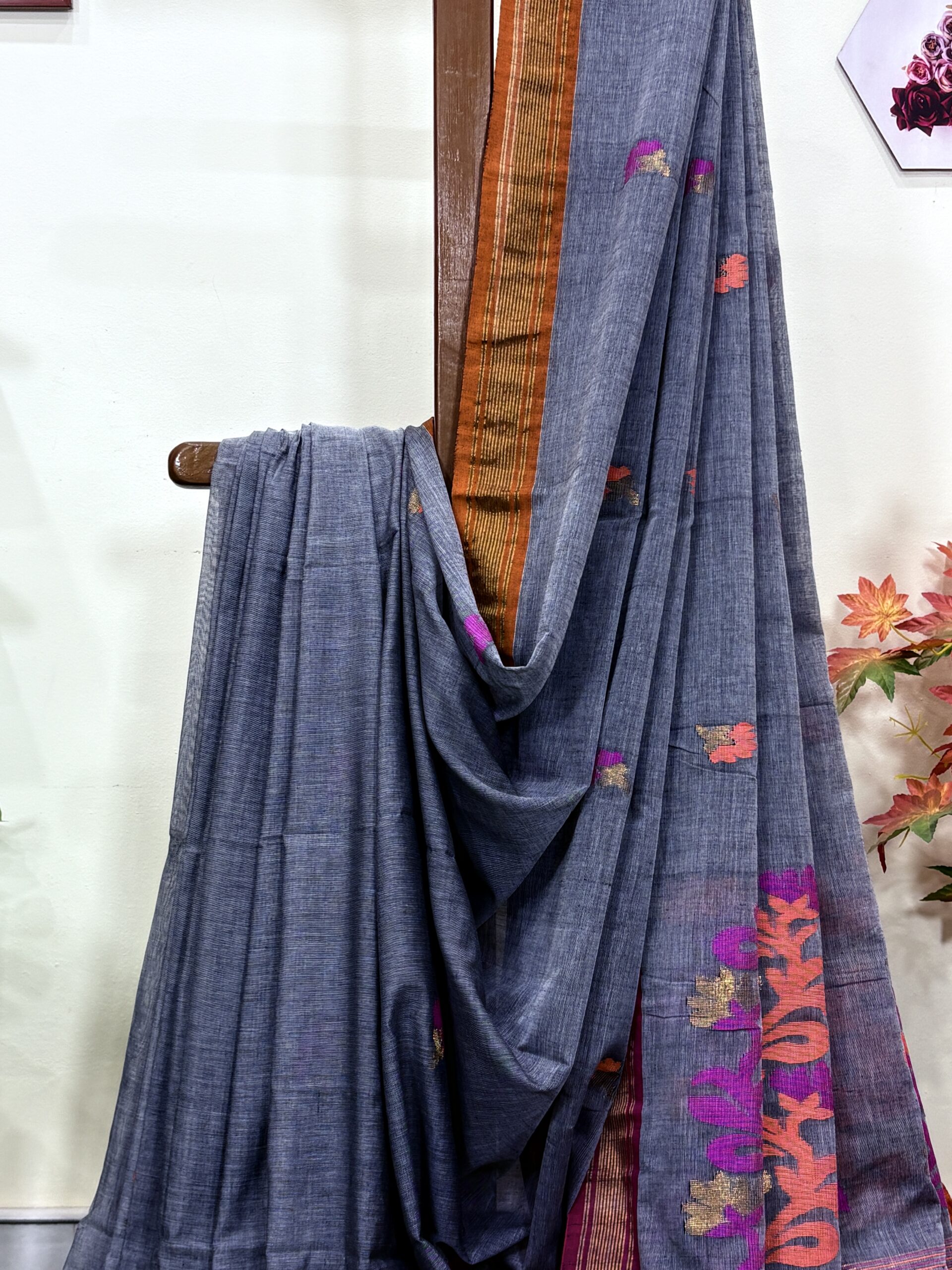Slate Grey Handloom Premium Cotton Jamdani Saree - Image 9