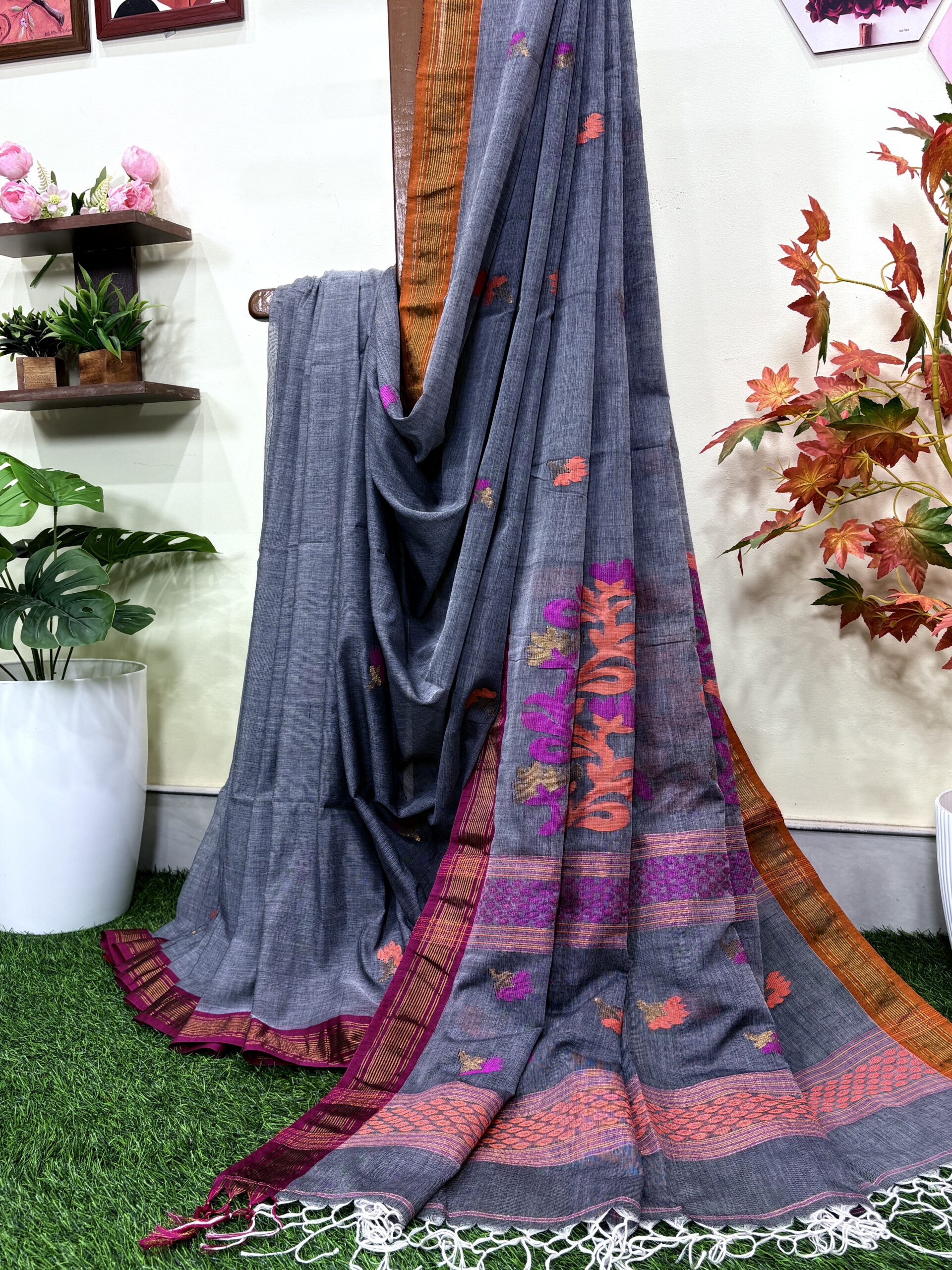 Slate Grey Handloom Premium Cotton Jamdani Saree - Image 10
