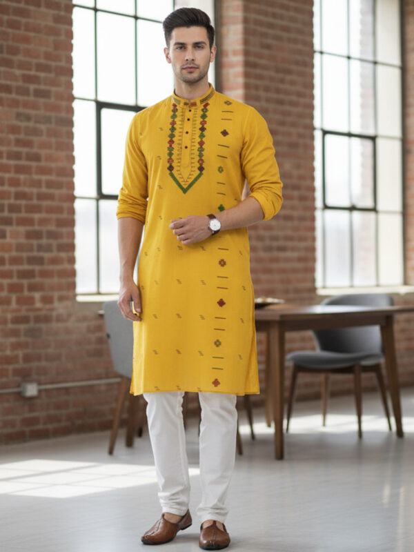 Yellow Handloom Premuium Cotton Jamdani Panjabi for Men