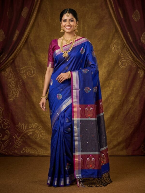 Navy Blue Yellow Bengal Handloom Katan Silk Kanjivaram Saree