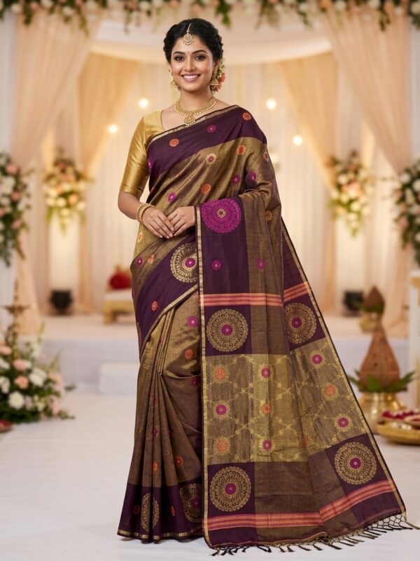 Brown Handloom Soft Premium Cotton Silk Party Wear Tissue Jamdani Saree with Designer Blouse Piece