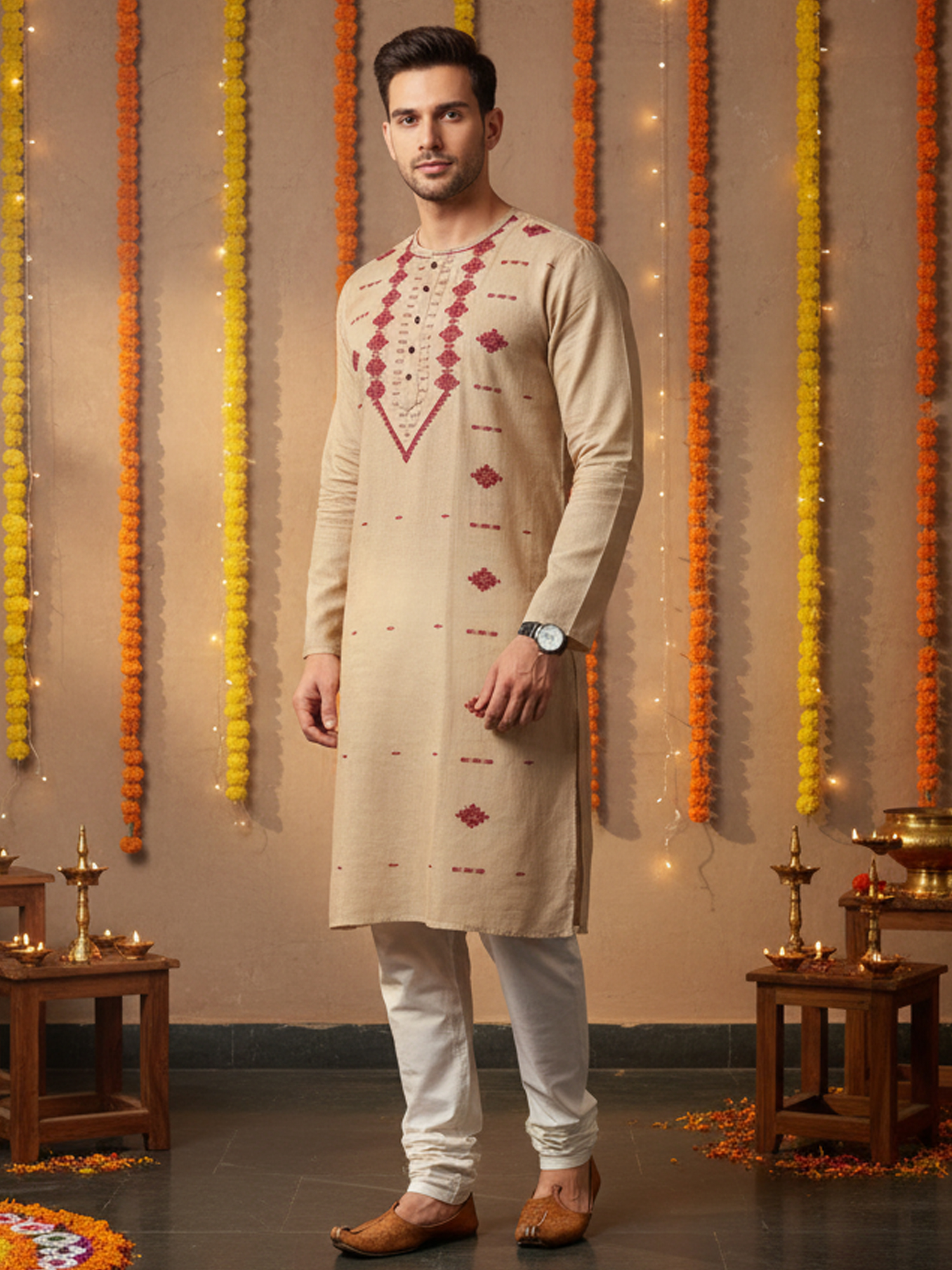 Beige Handloom Premuium Cotton Jamdani Panjabi for Men