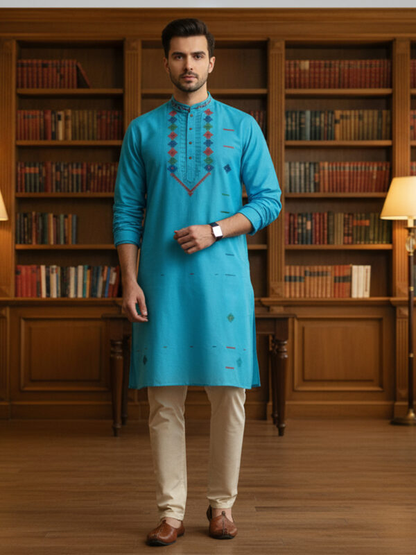 Light Blue Handloom Premuium Cotton Jamdani Panjabi for Men