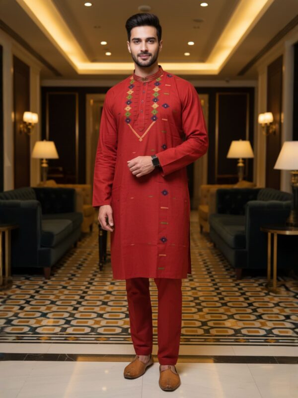 Red Handloom Premuium Cotton Jamdani Panjabi for Men