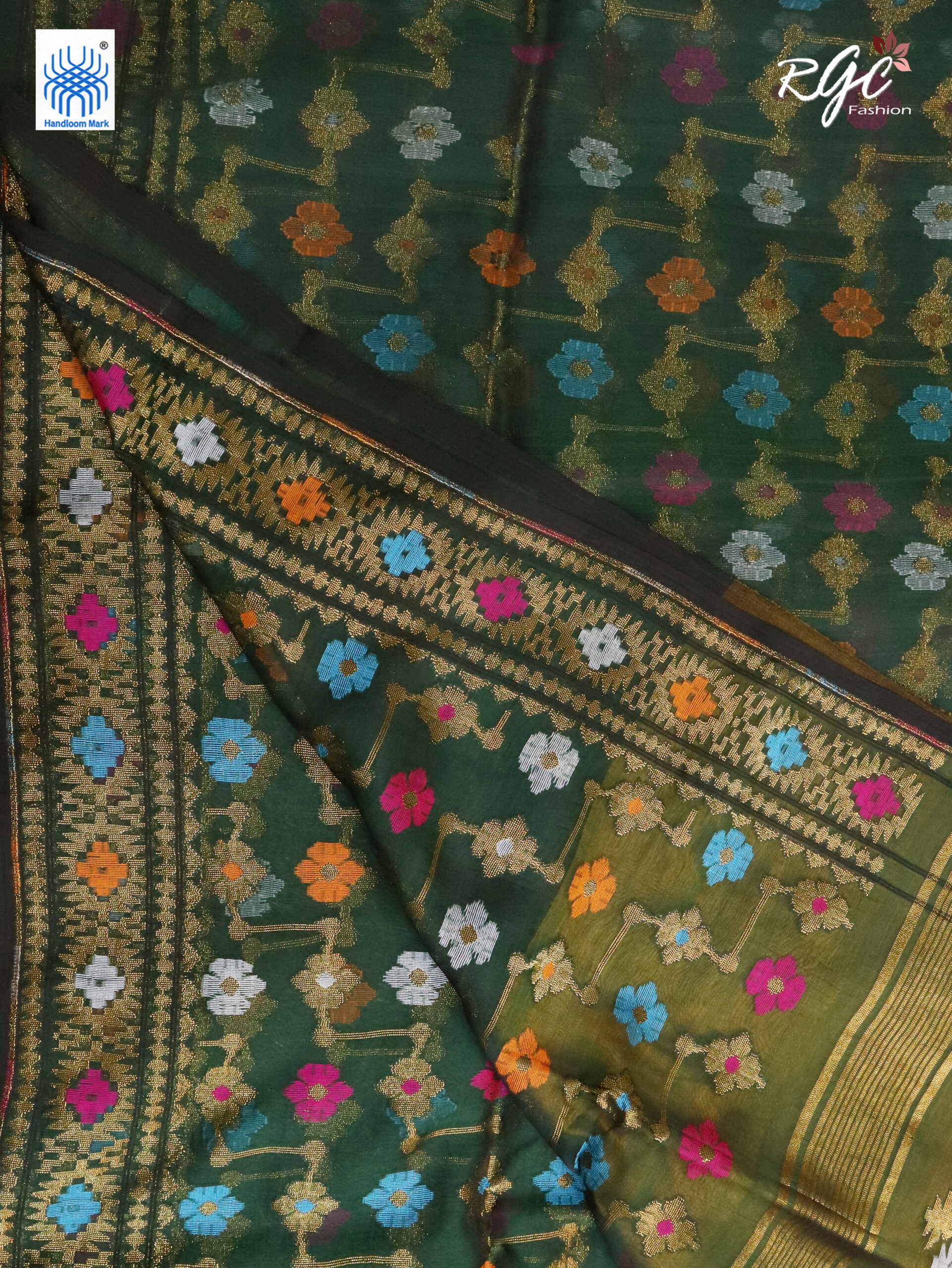 Bottle Green Pure Resham Dhakai Muslin Jamdani Saree - Image 5