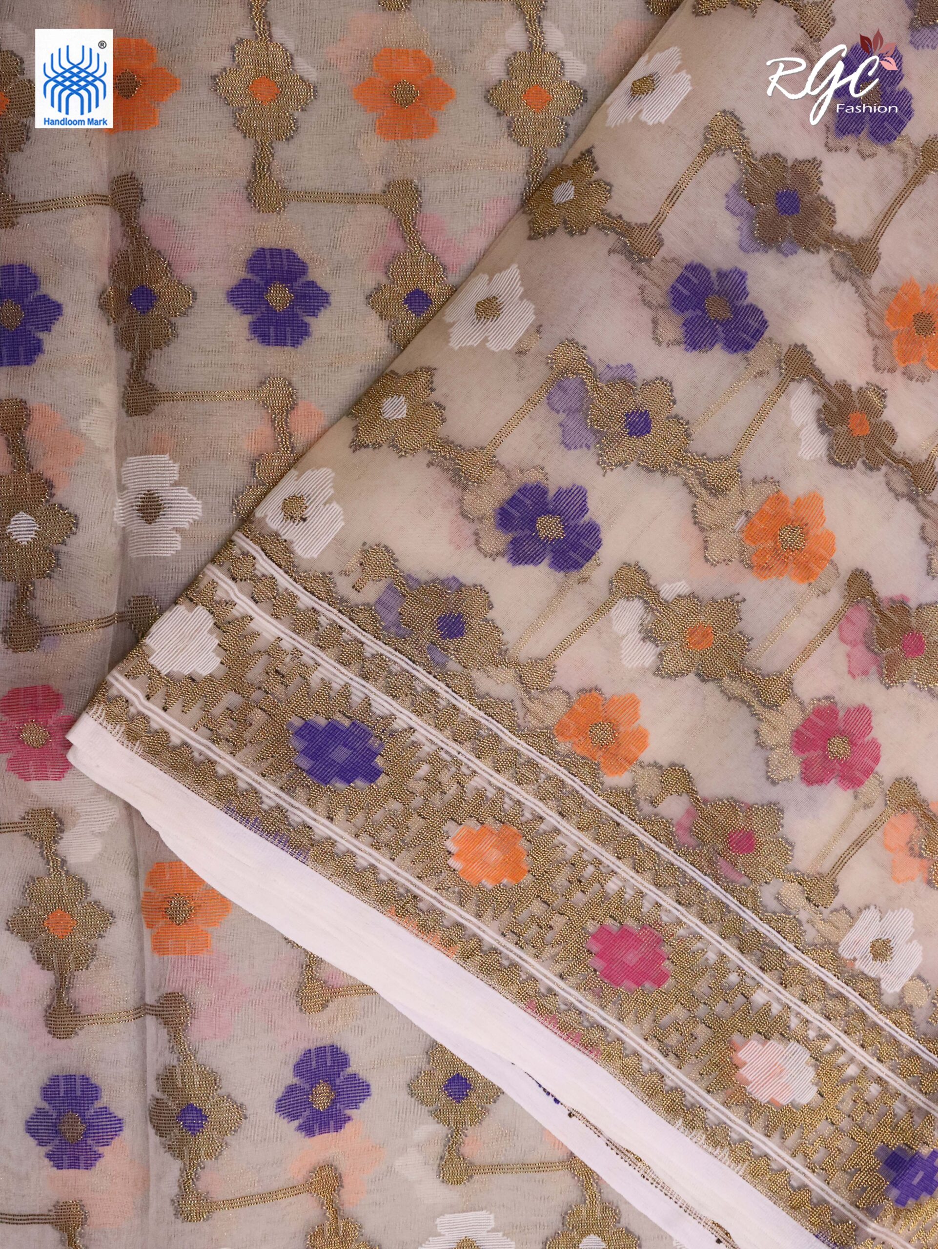 Pinkish White Pure Resham Dhakai Muslin Jamdani Saree - Image 6