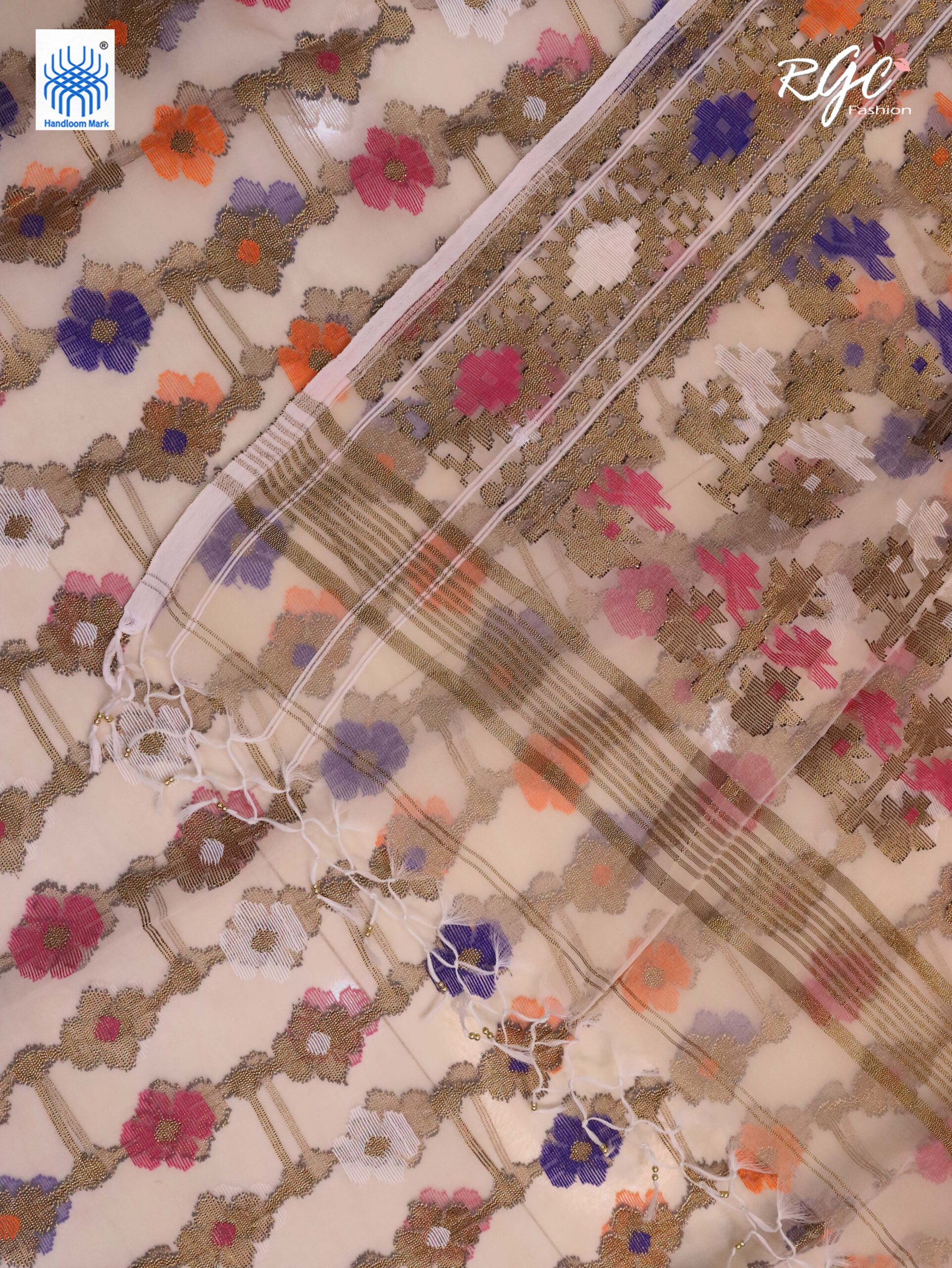 Pinkish White Pure Resham Dhakai Muslin Jamdani Saree - Image 5