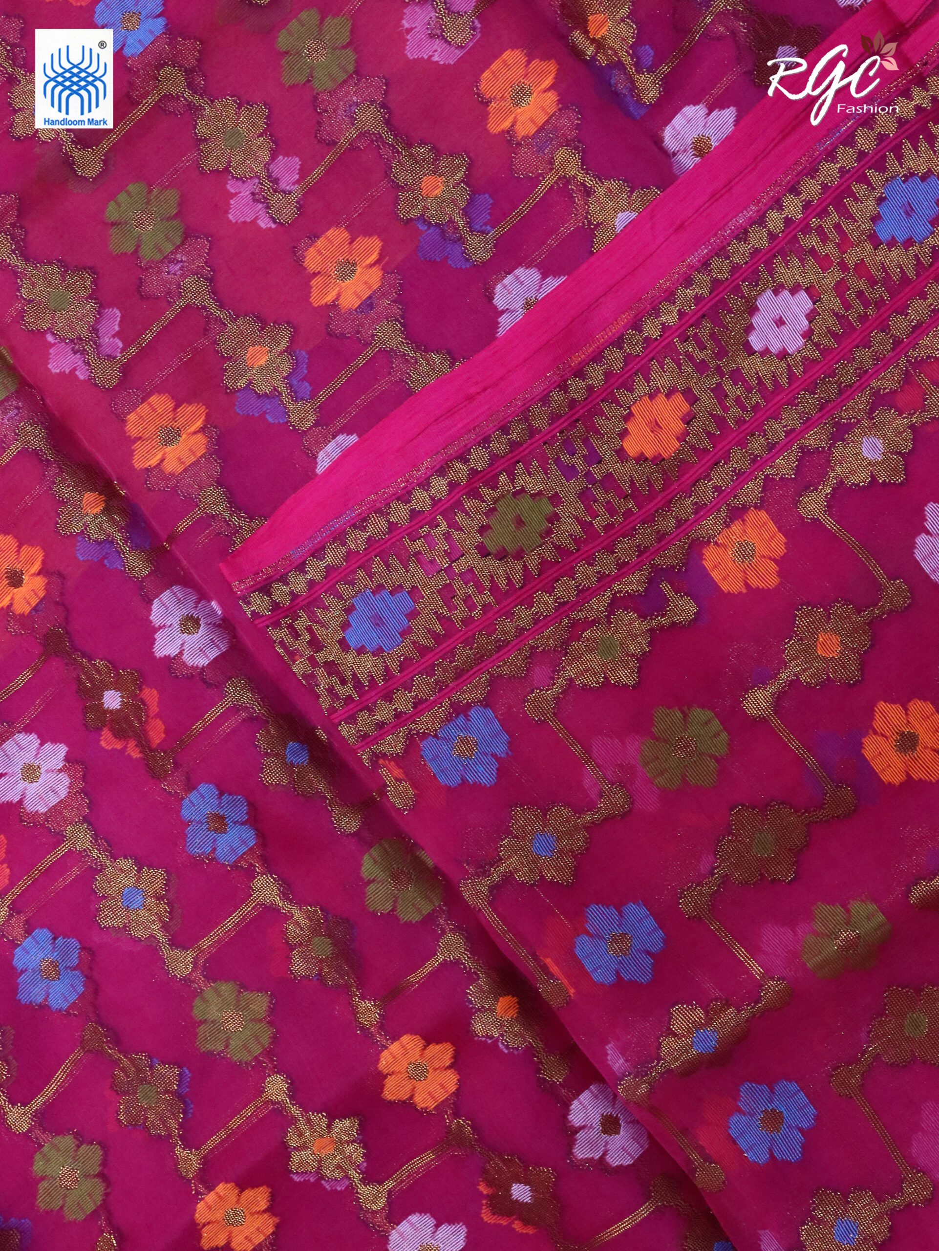 Rani Pink Pure Resham Dhakai Muslin Jamdani Saree - Image 6