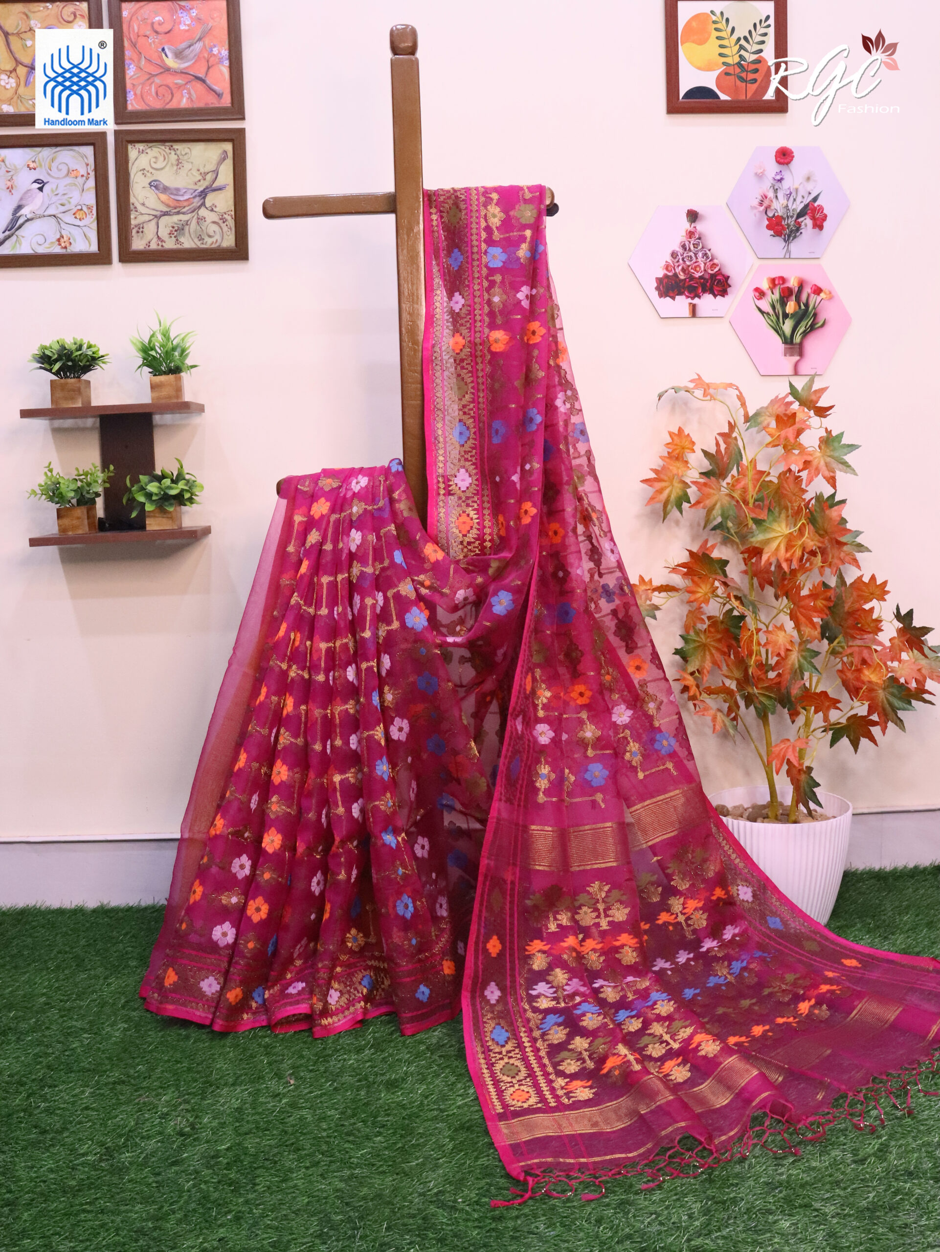 Rani Pink Pure Resham Dhakai Muslin Jamdani Saree