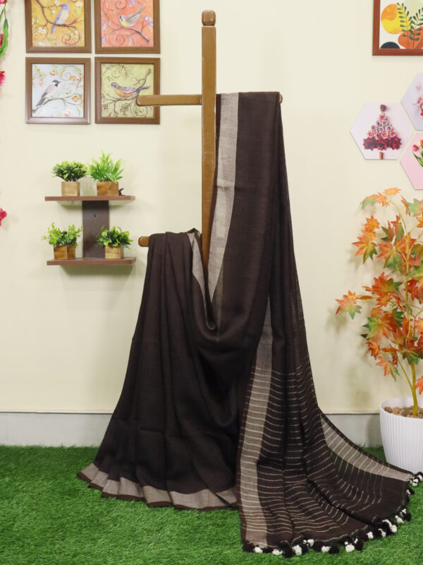 Brown Linen Palin Silver Zari Border Saree