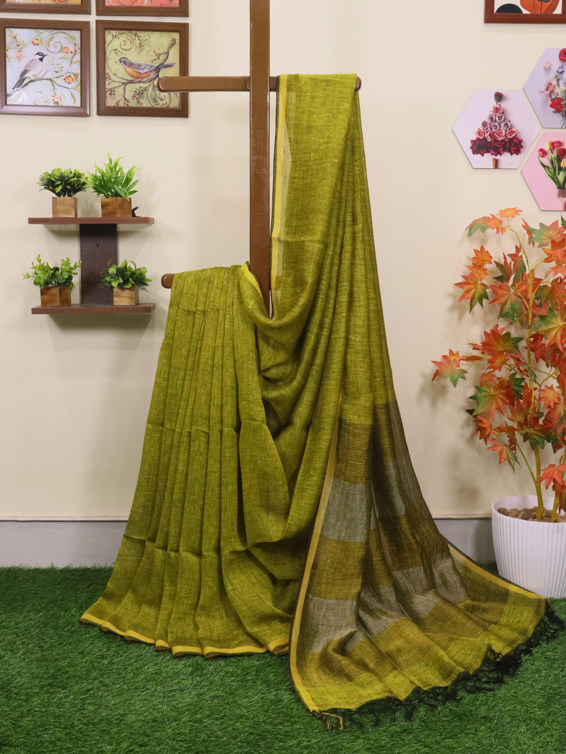 Blackish Yellow Linen Palin Golden Zari Border Saree