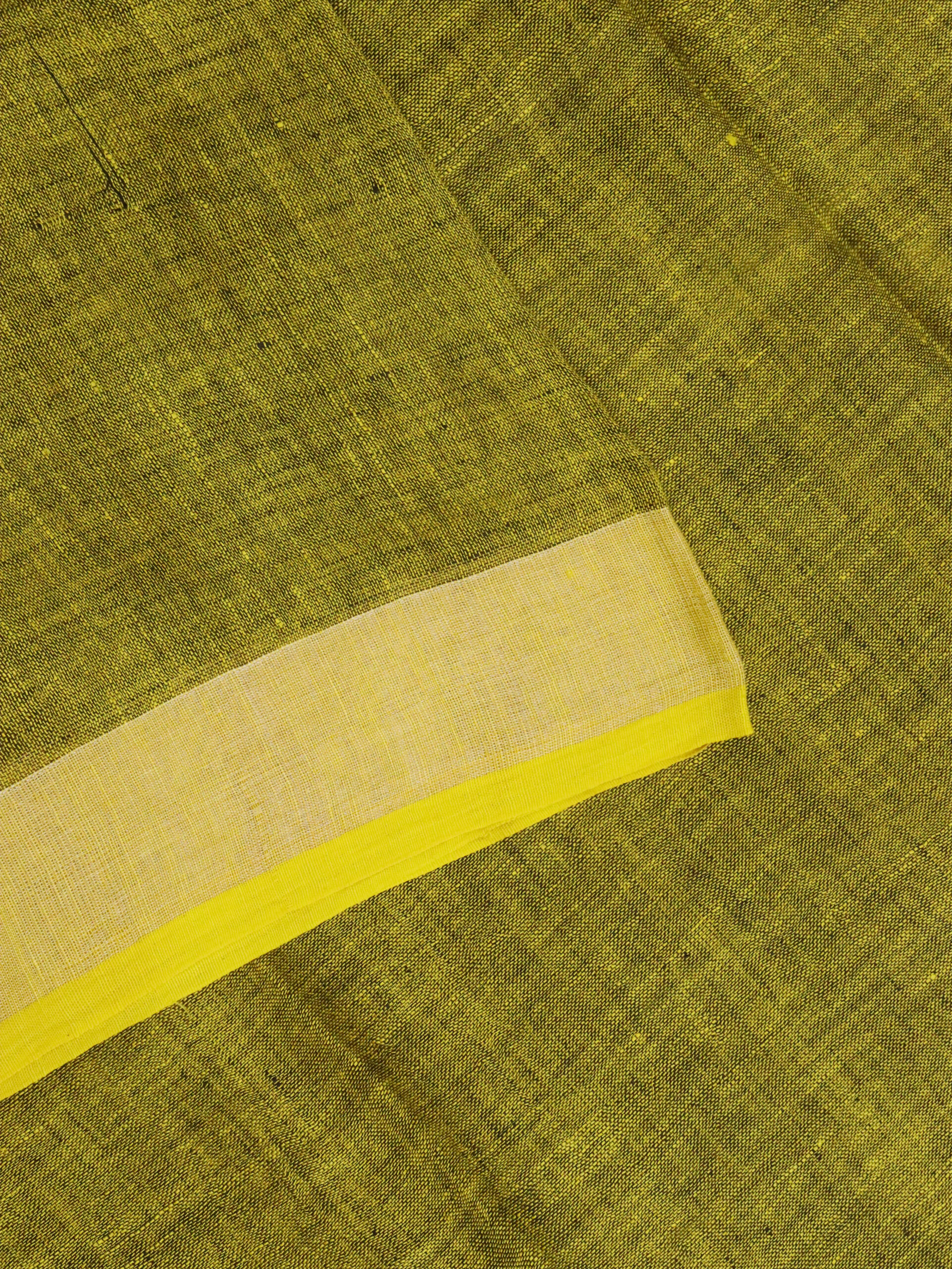 Blackish Yellow Linen Palin Silver Zari Border Saree - Image 9