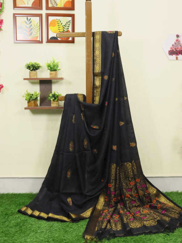 Black Katan Silk Bridal Jamdani Saree with Designer Blouse Piece