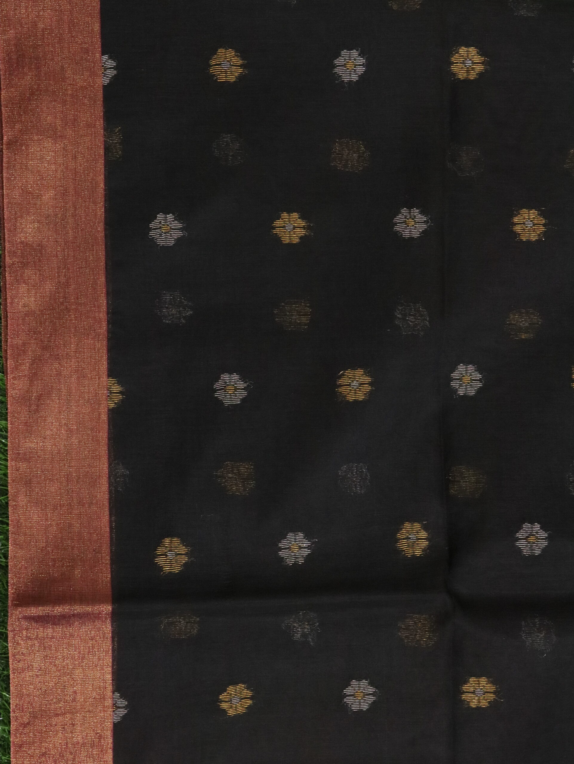 Orangish Black Cotton Silk Zari Jamdani Saree - Image 6