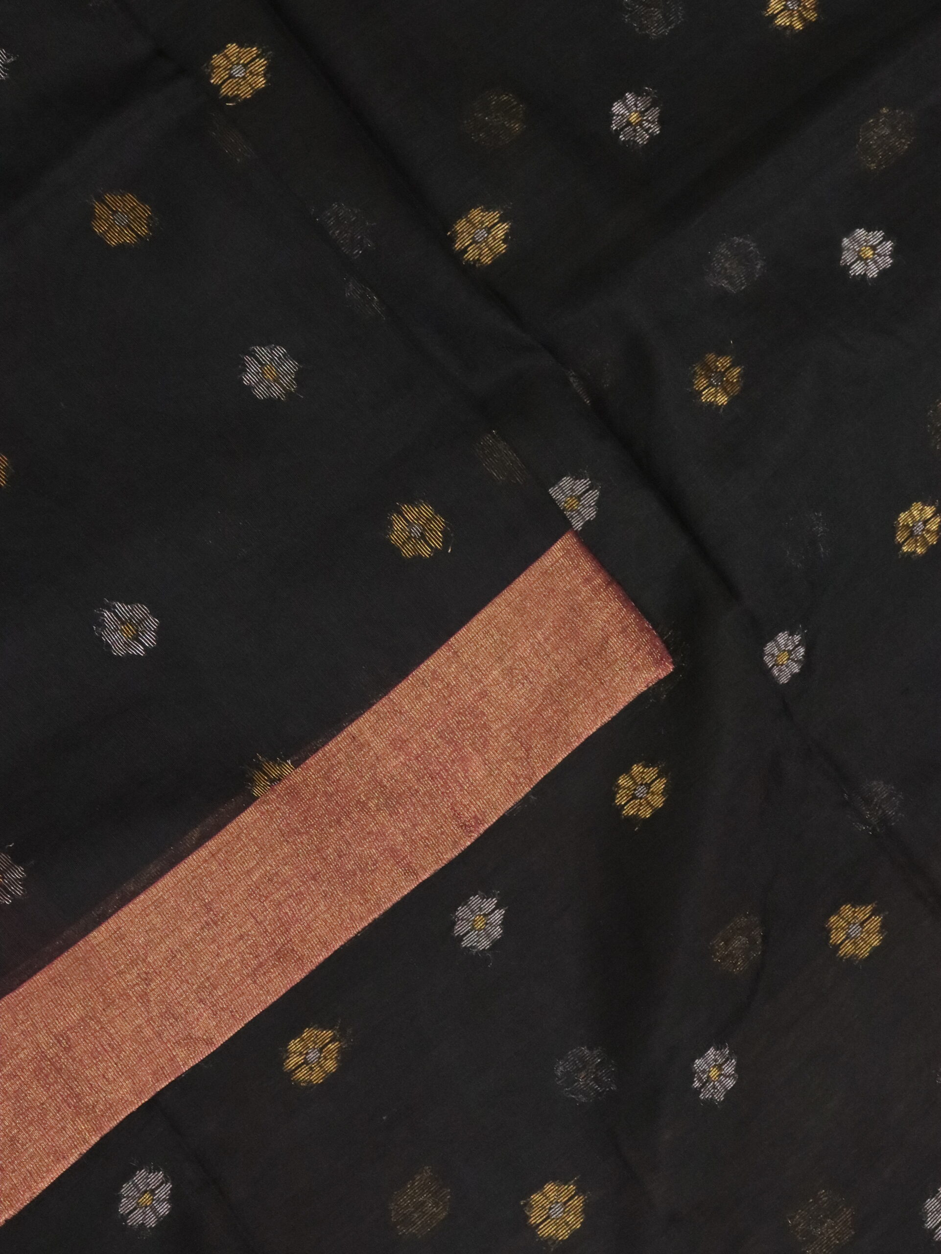 Orangish Black Cotton Silk Zari Jamdani Saree - Image 5