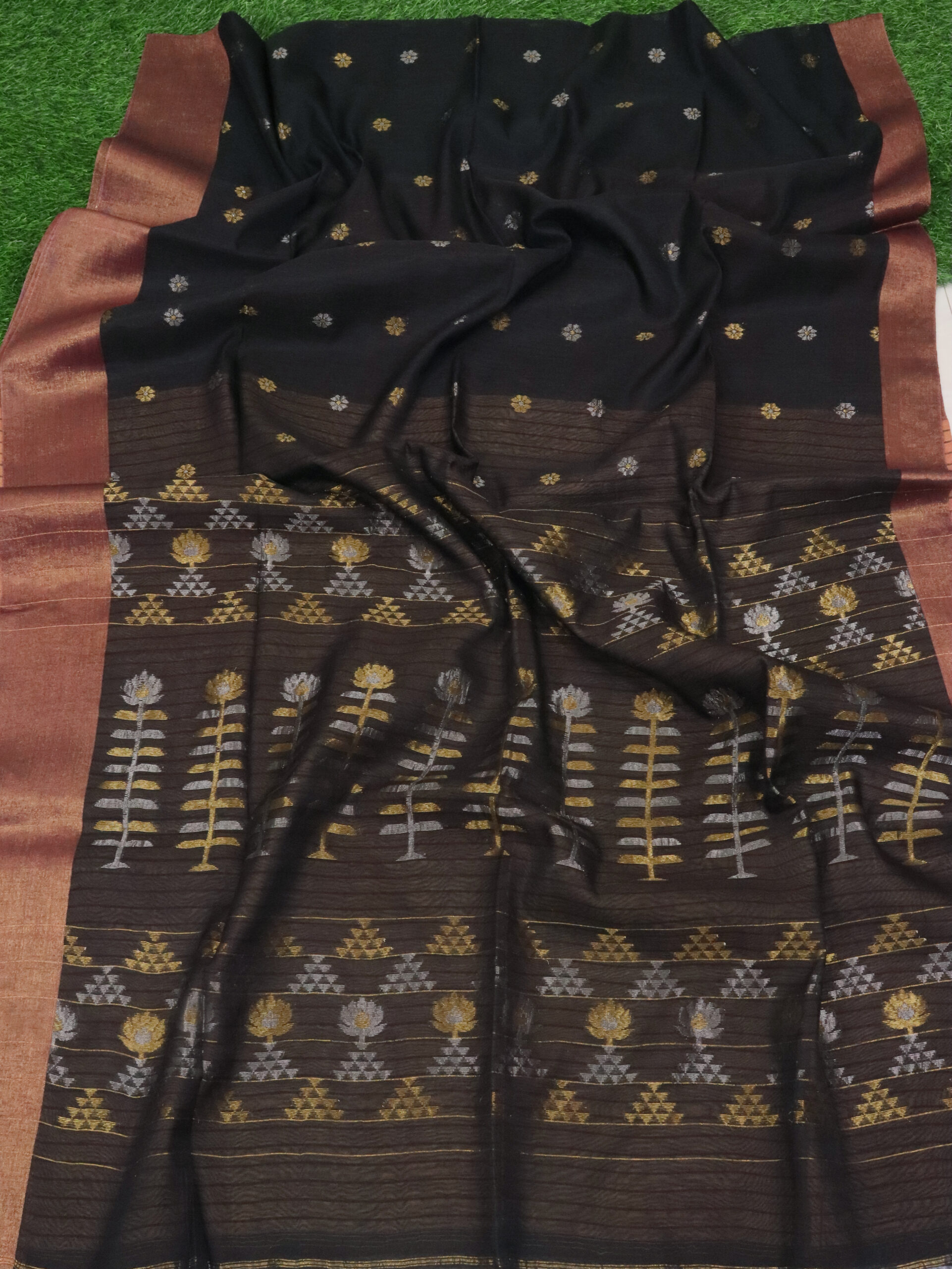 Orangish Black Cotton Silk Zari Jamdani Saree - Image 8