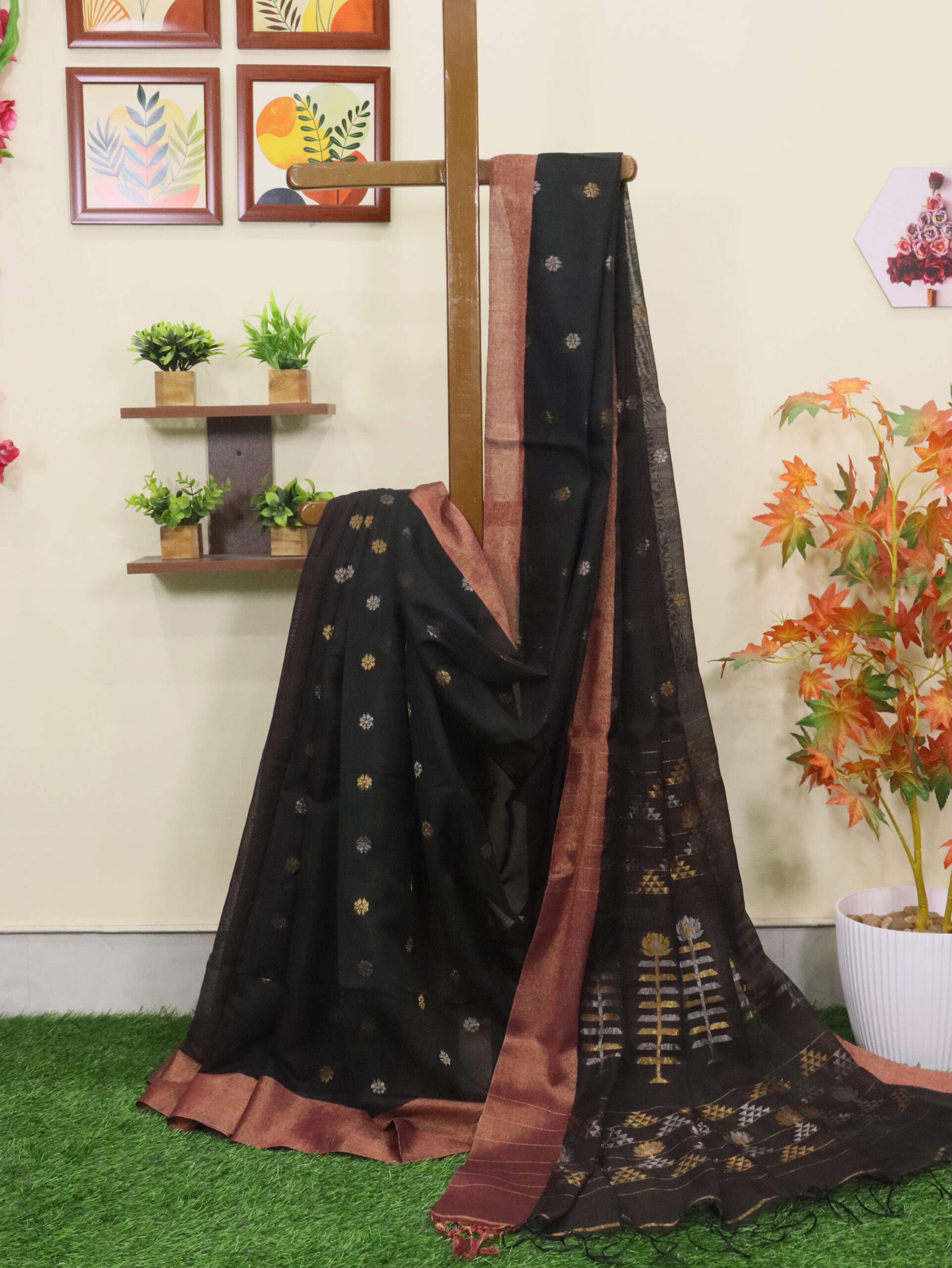Orangish Black Cotton Silk Zari Jamdani Saree