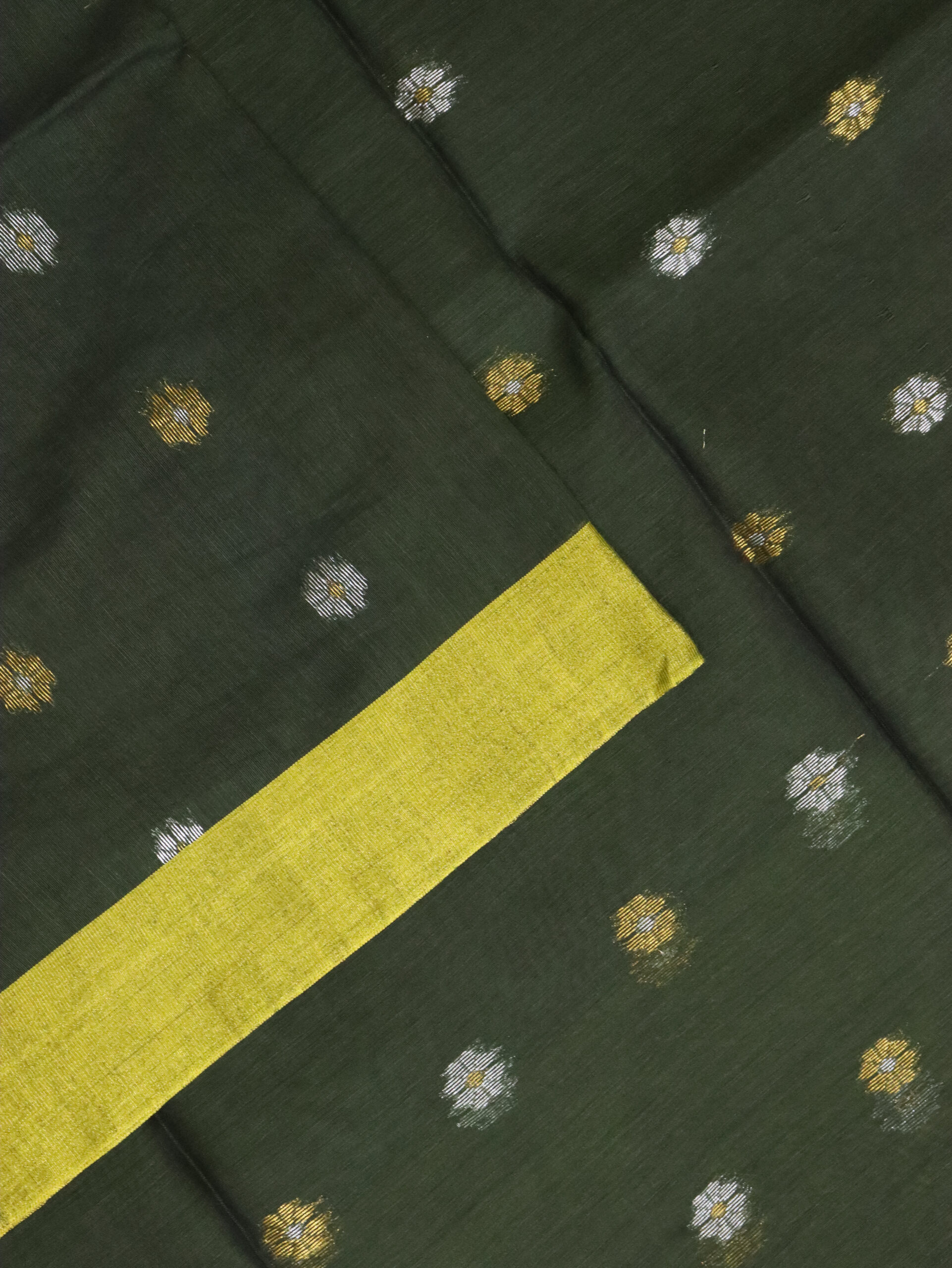 Dark Pista Green Cotton Silk Zari Jamdani Saree - Image 3