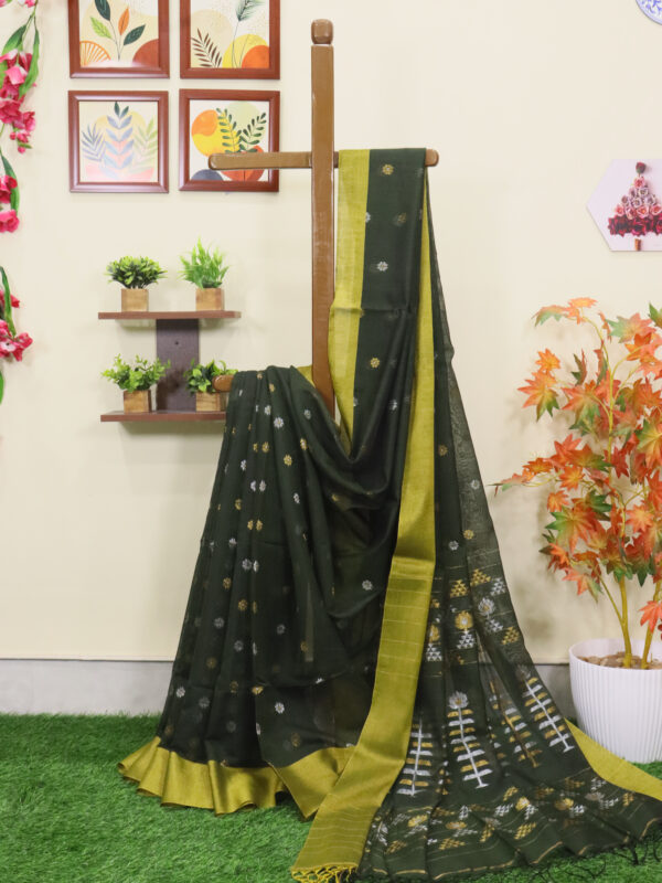 Dark Pista Green Cotton Silk Zari Jamdani Saree