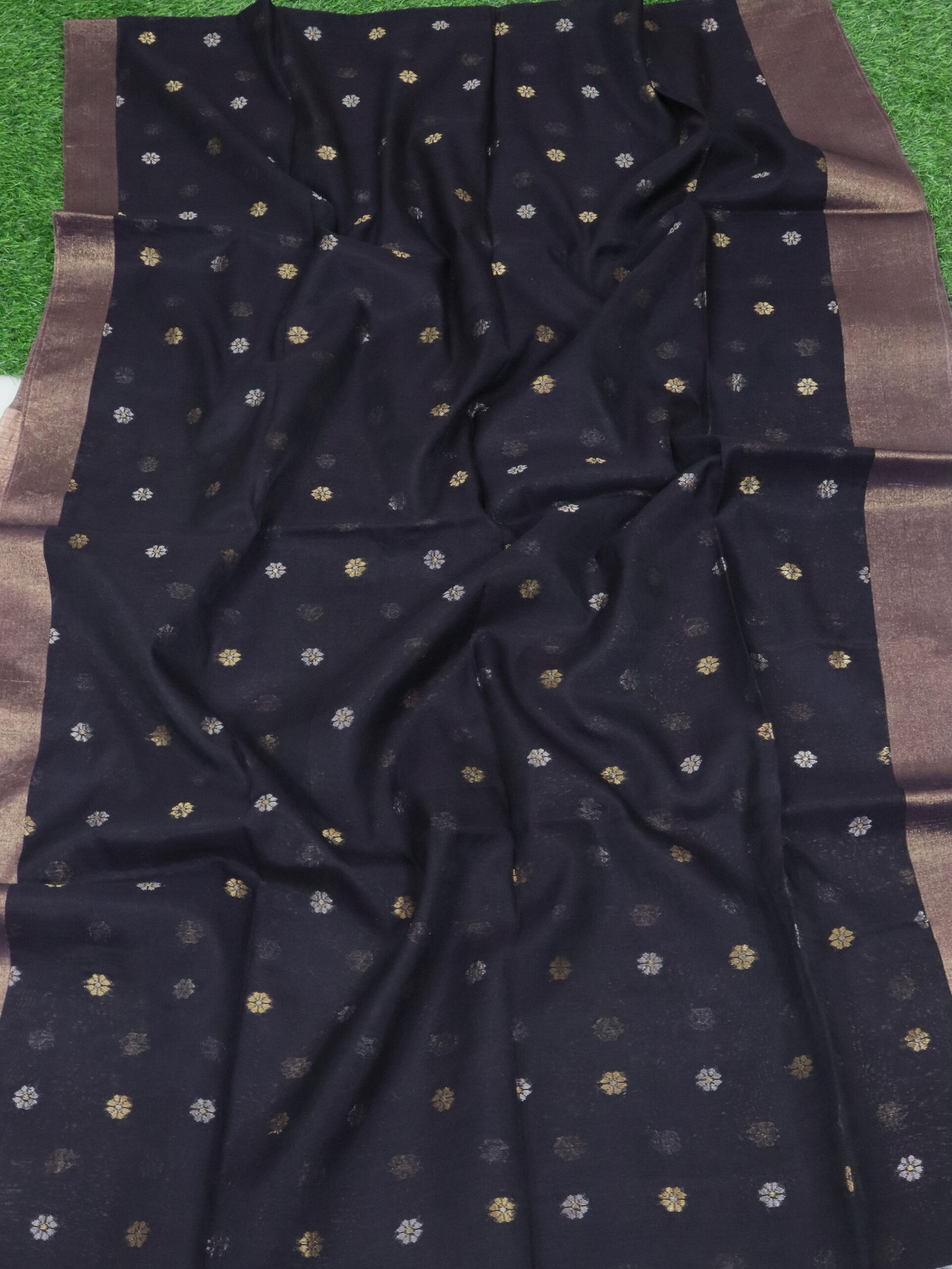 Purple Black Cotton Silk Zari Jamdani Saree - Image 7