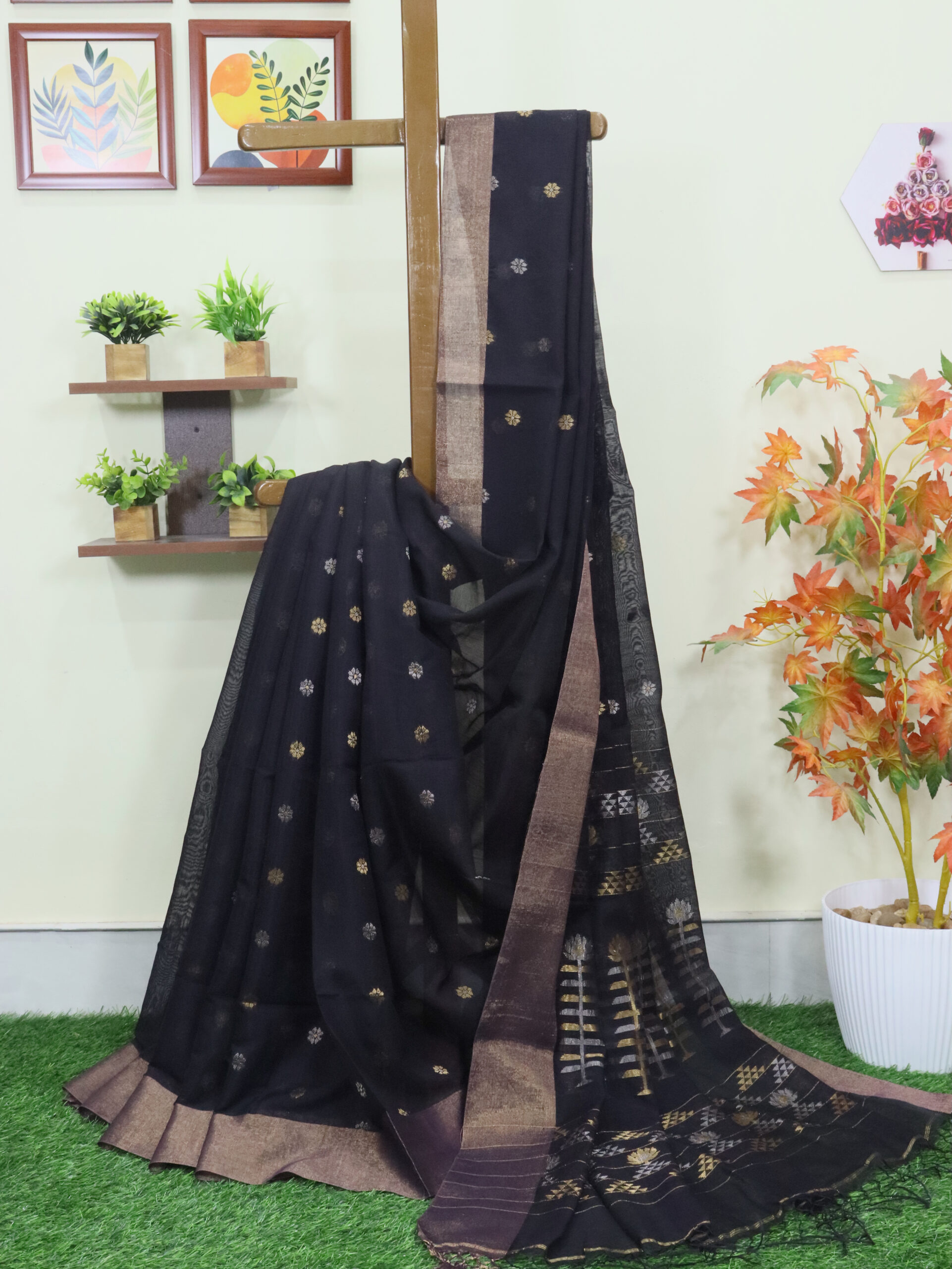 Purple Black Cotton Silk Zari Jamdani Saree