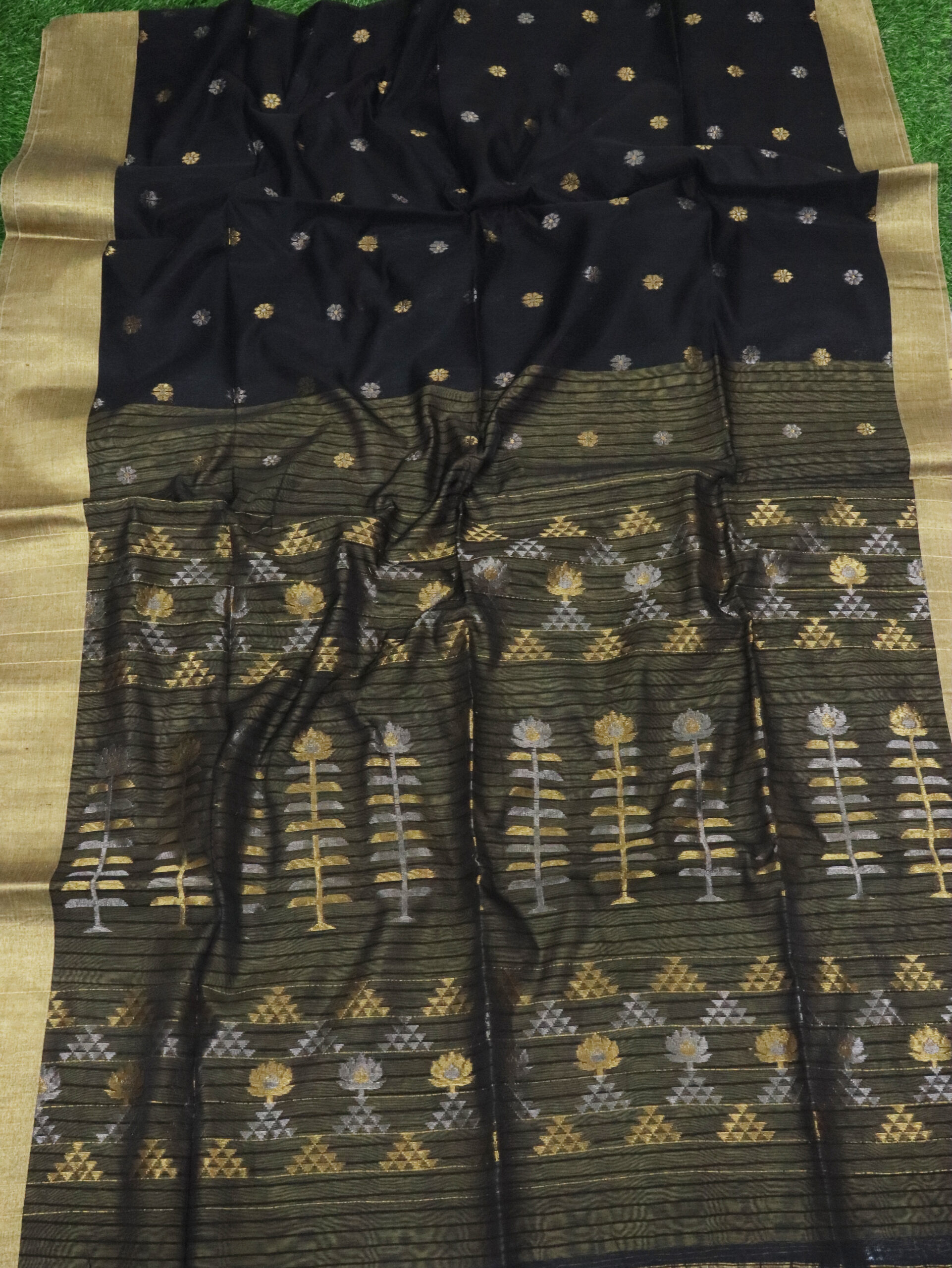 Black Cotton Silk Zari Jamdani Saree - Image 6
