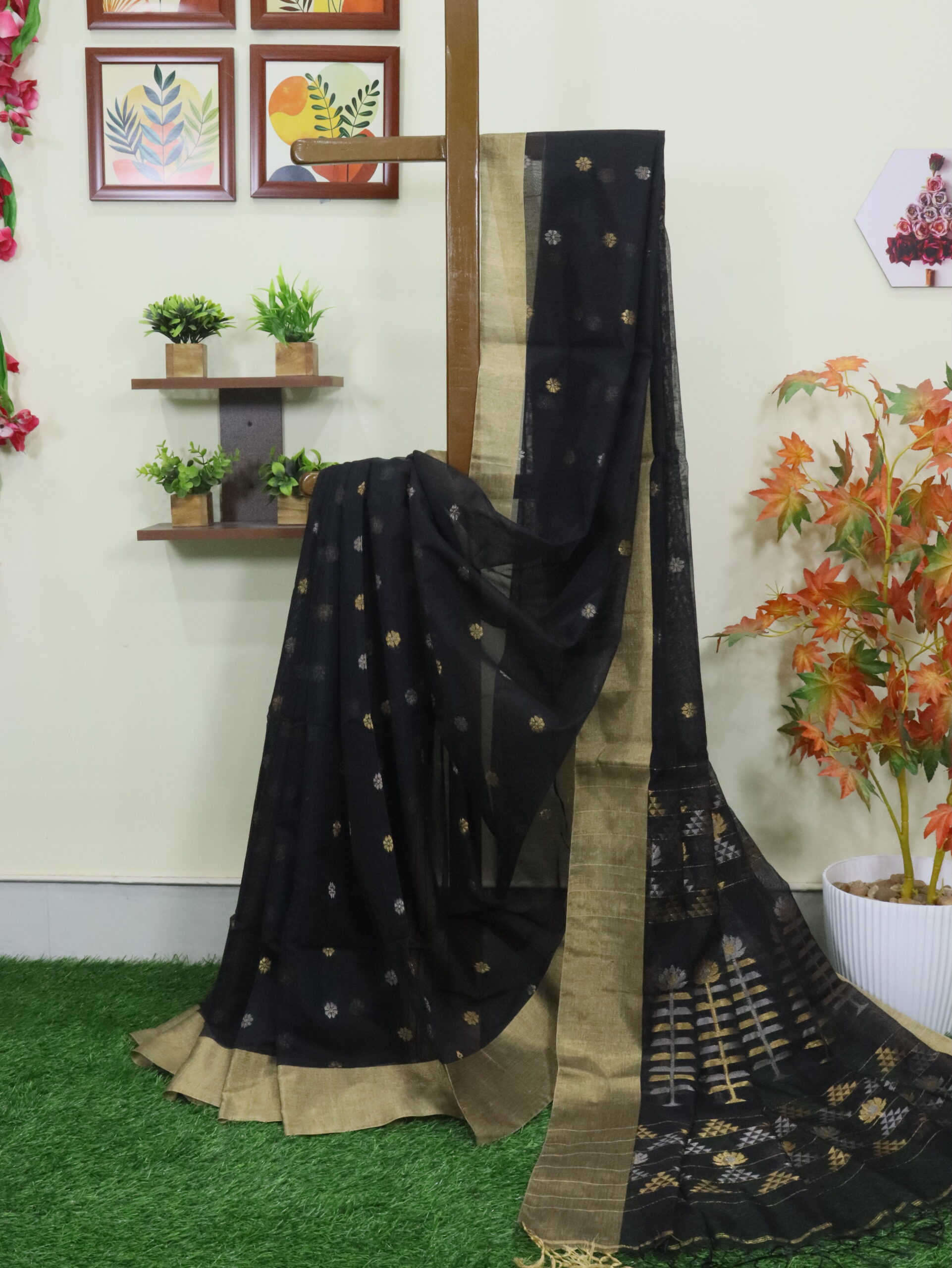Black Cotton Silk Zari Jamdani Saree
