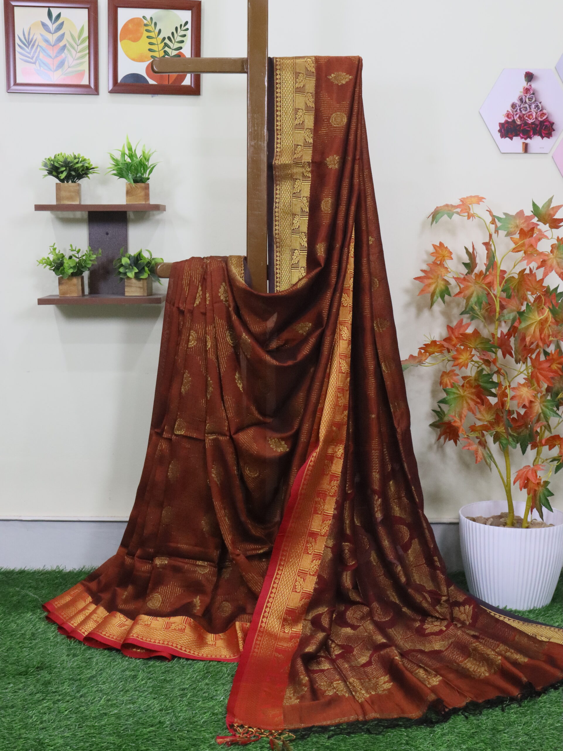 Rust Katan Silk Jamdani Saree with Blouse Piece