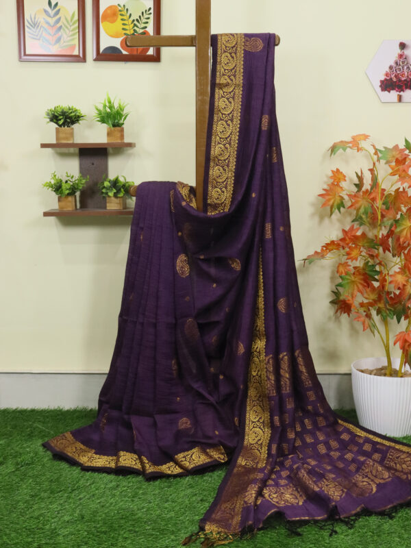 Dark Purple Paisley Buta Organic Linen Jamdani Saree