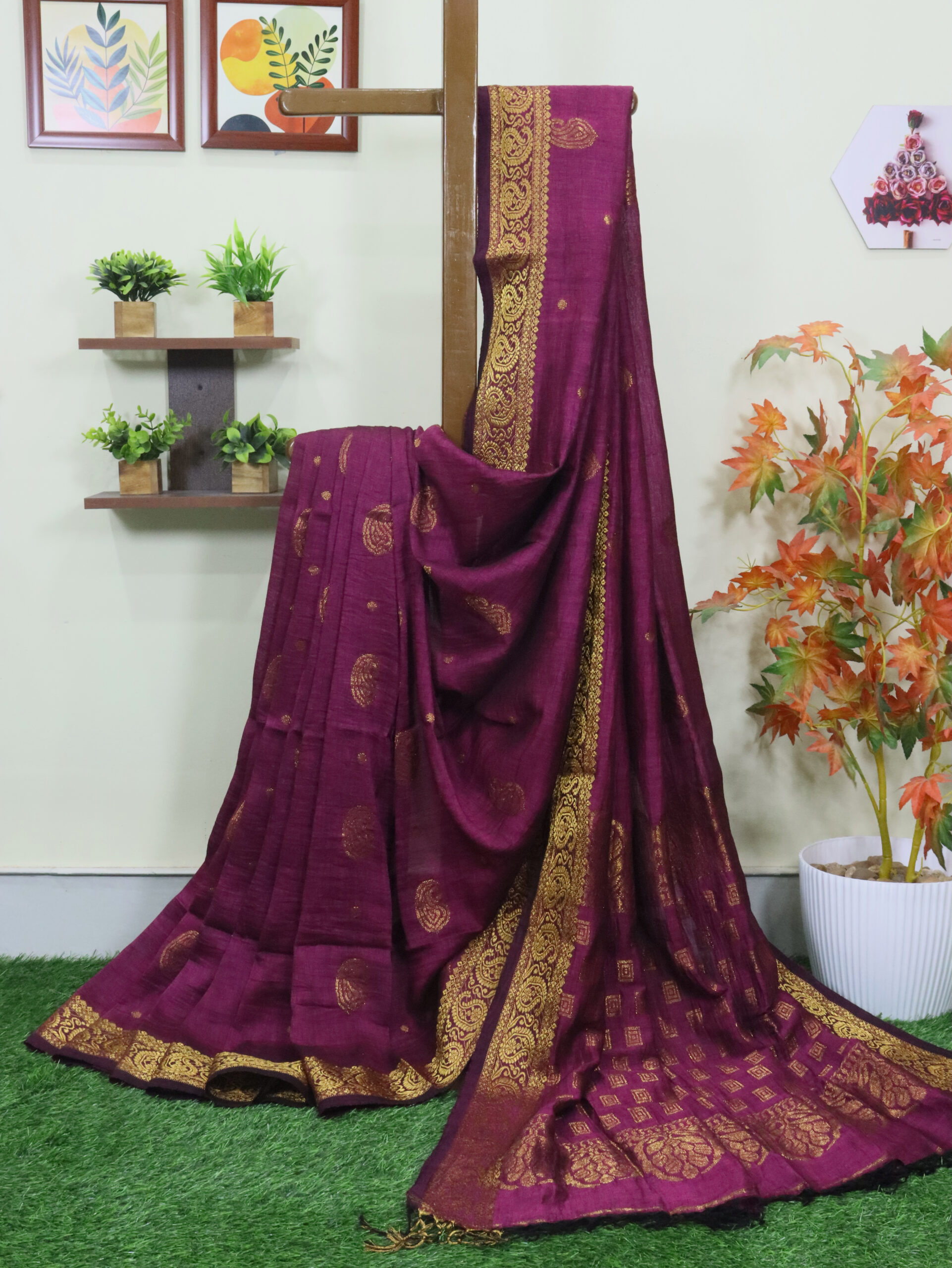 Beetroot Paisley Buta Organic Linen Jamdani Saree