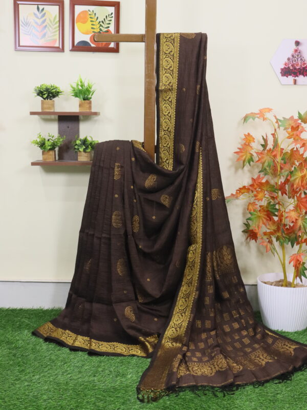 Chocolate Paisley Buta Organic Linen Jamdani Saree