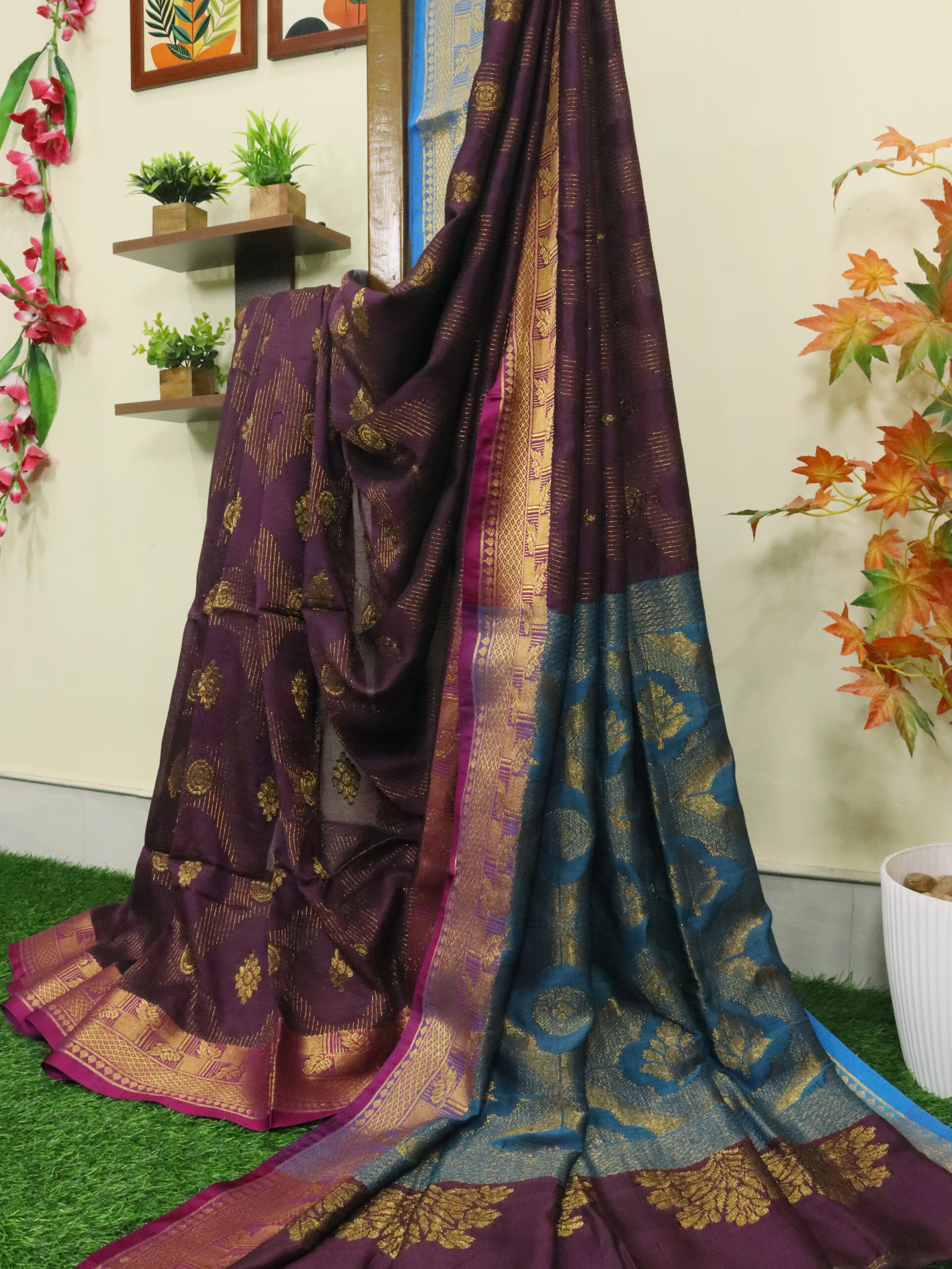 Dark Purple Katan Silk Jamdani Saree with Blouse Piece - Image 4