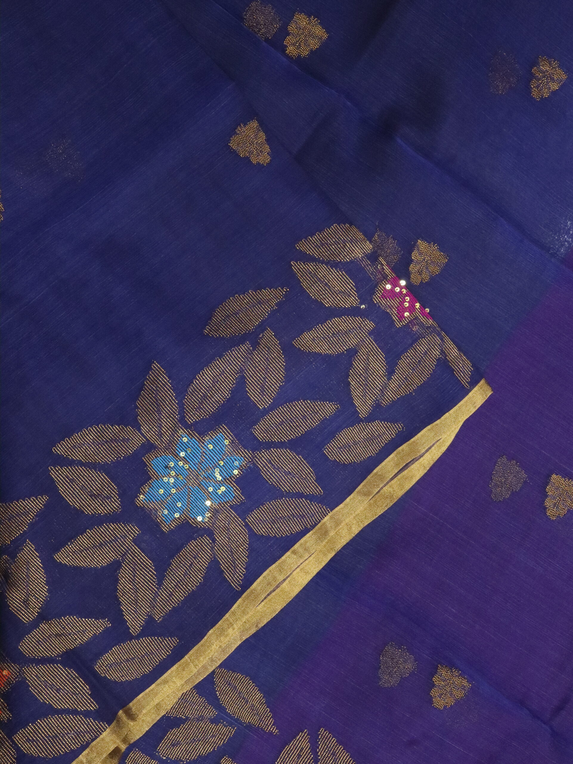 Navy Blue Muslin Silk Multicolor Mina Sequence Work Jamdani Saree - Image 5