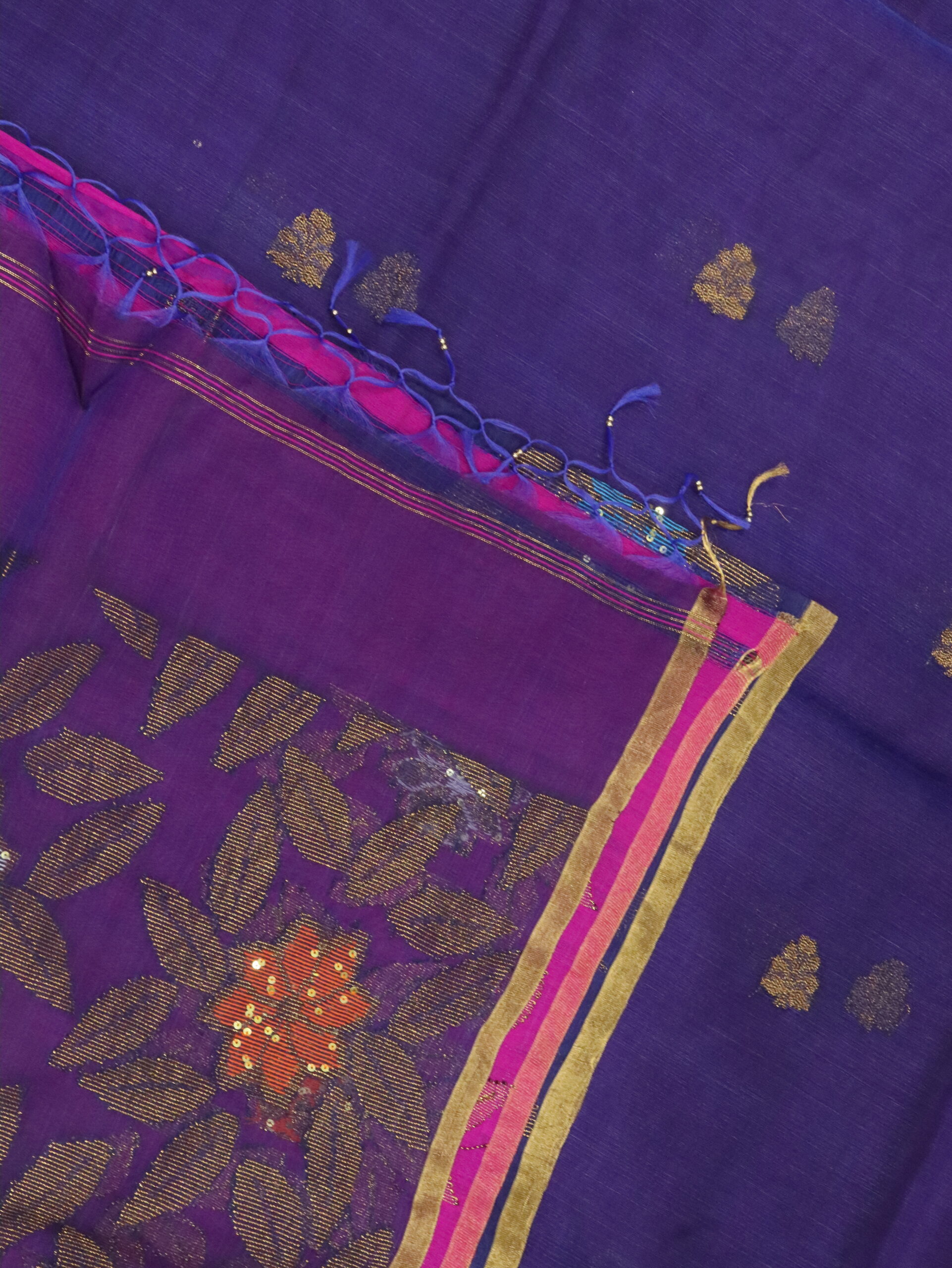 Navy Blue Muslin Silk Multicolor Mina Sequence Work Jamdani Saree - Image 6