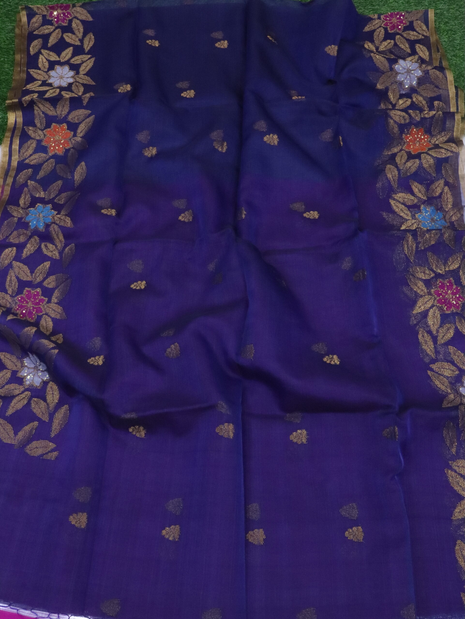 Navy Blue Muslin Silk Multicolor Mina Sequence Work Jamdani Saree - Image 3