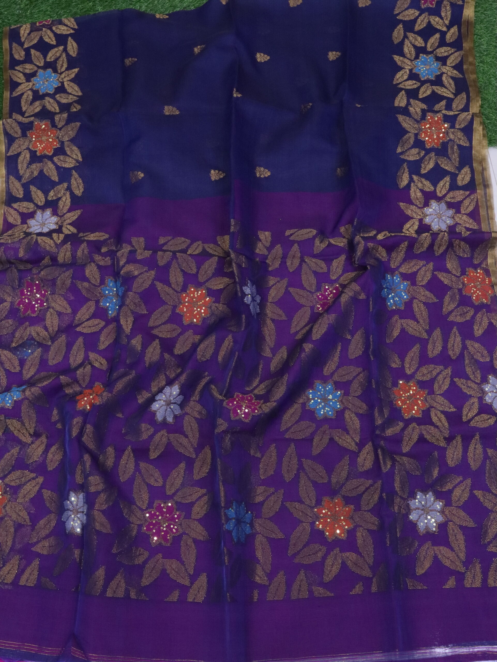 Navy Blue Muslin Silk Multicolor Mina Sequence Work Jamdani Saree - Image 4