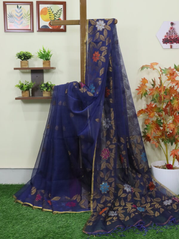 Navy Blue Muslin Silk Multicolor Mina Sequence Work Jamdani Saree