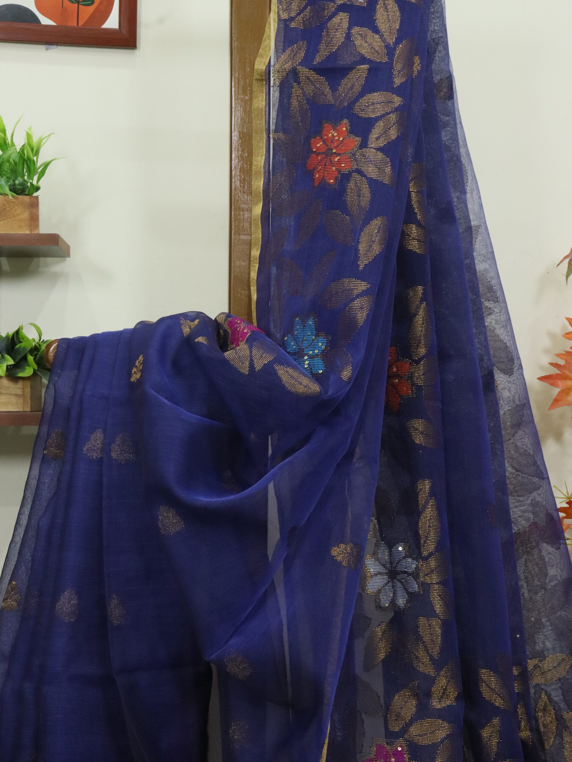 Navy Blue Muslin Silk Multicolor Mina Sequence Work Jamdani Saree - Image 8
