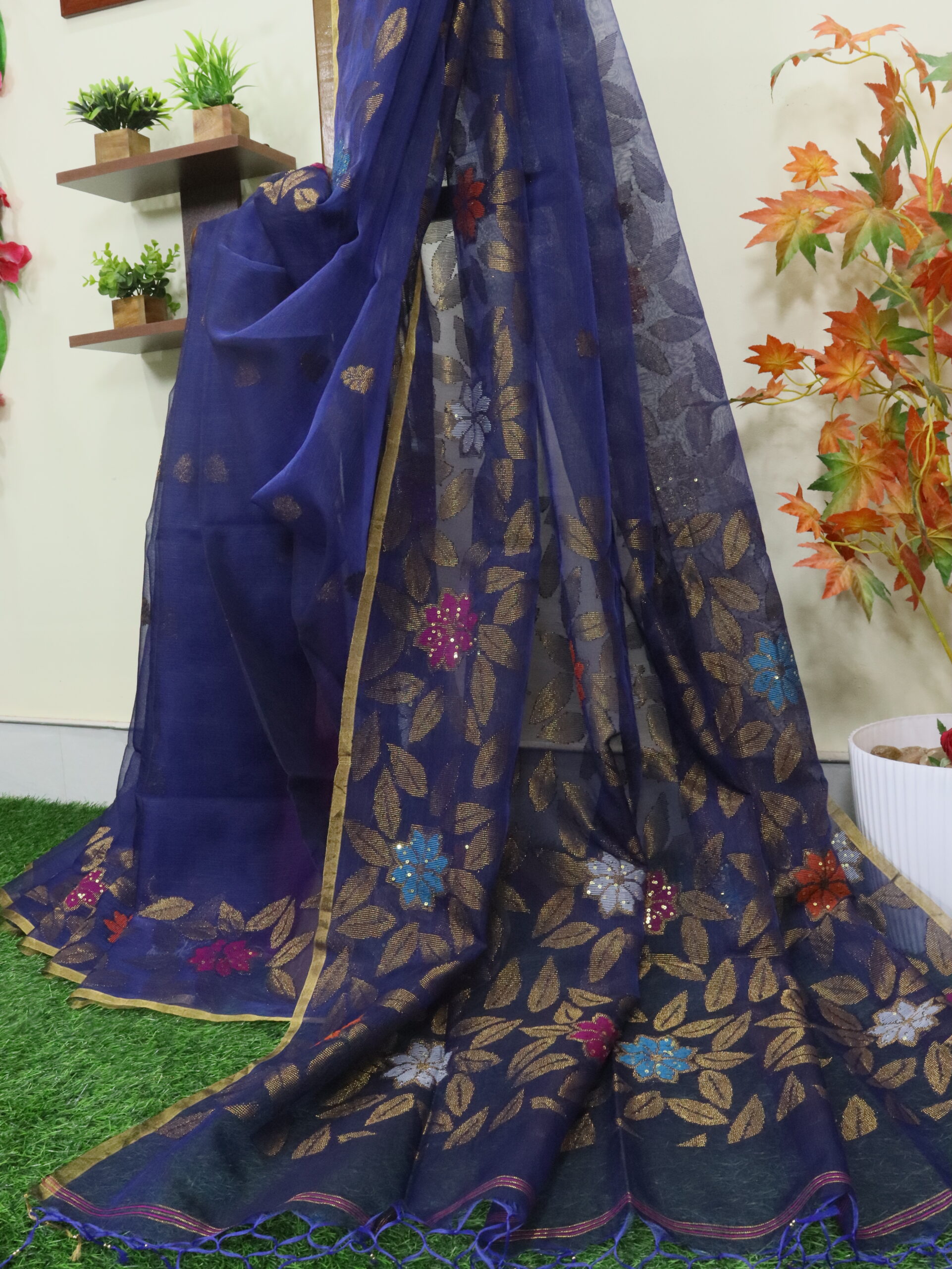 Navy Blue Muslin Silk Multicolor Mina Sequence Work Jamdani Saree - Image 9