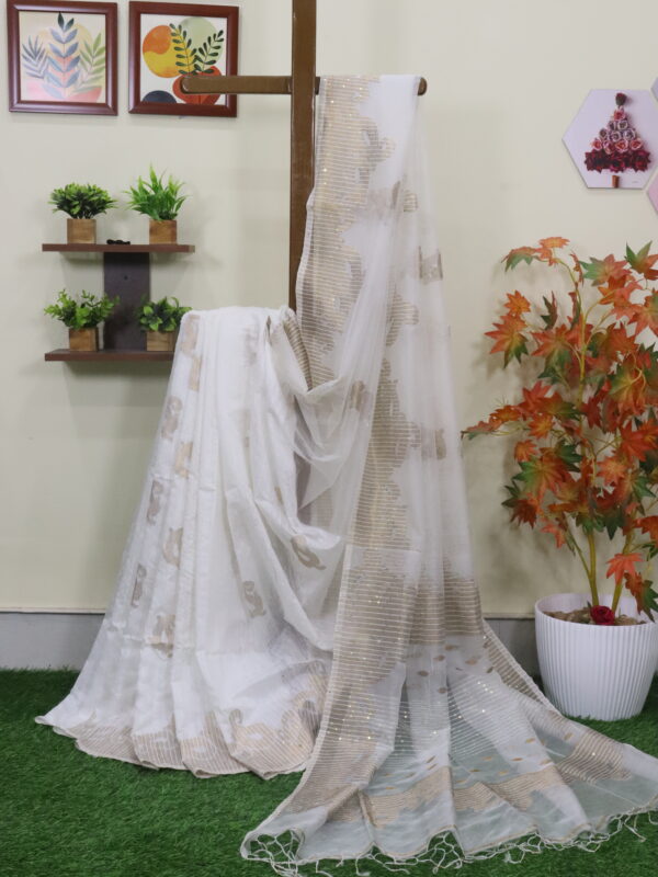 Off-white Matka Muslin Silk Antique Zari Sequence Work Jamdani Saree