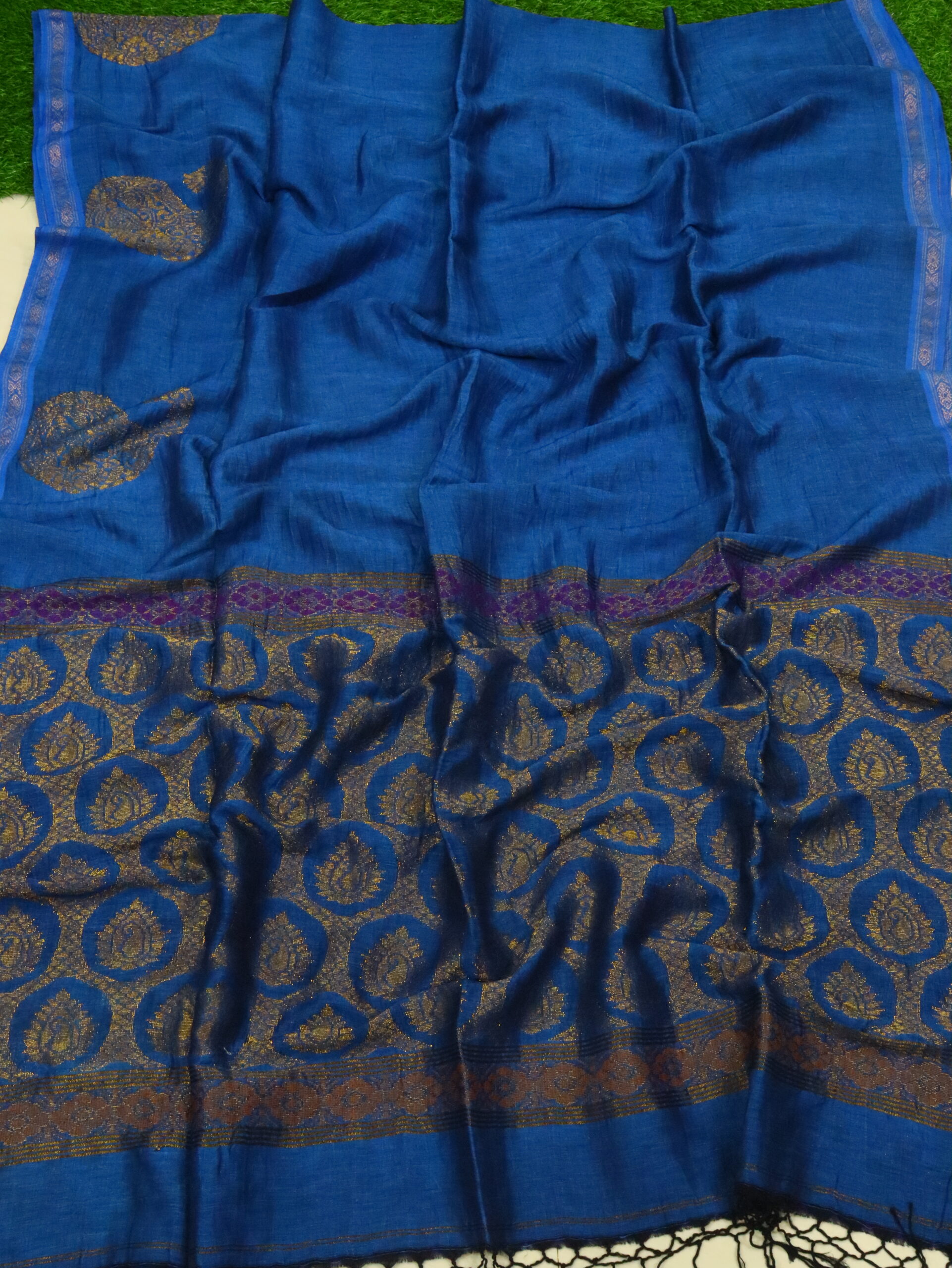 Royal Blue Paisley Buta Organic Linen Jamdani Saree with Designer Blouse Piece - Image 5