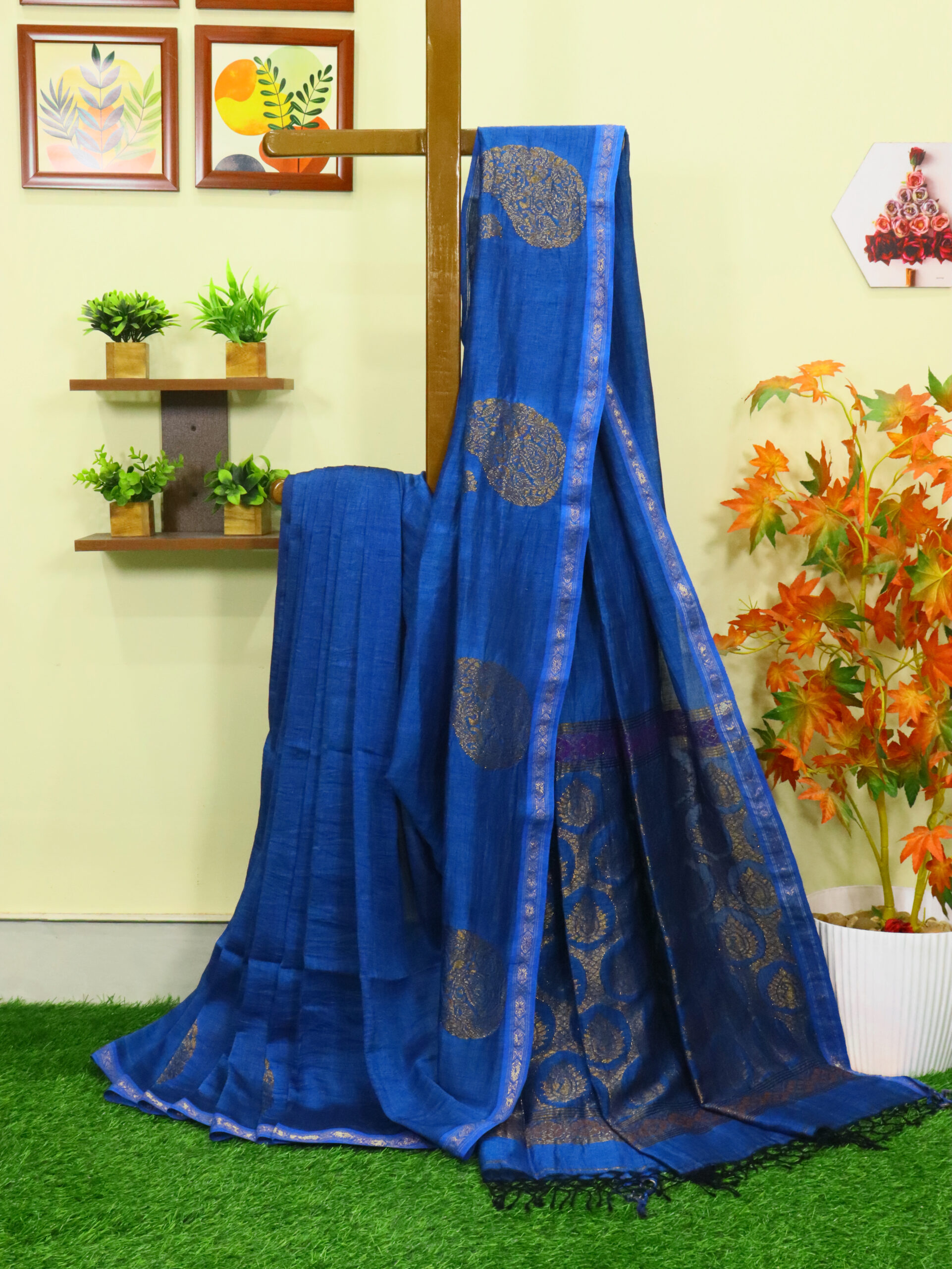 Royal Blue Paisley Buta Organic Linen Jamdani Saree with Designer Blouse Piece